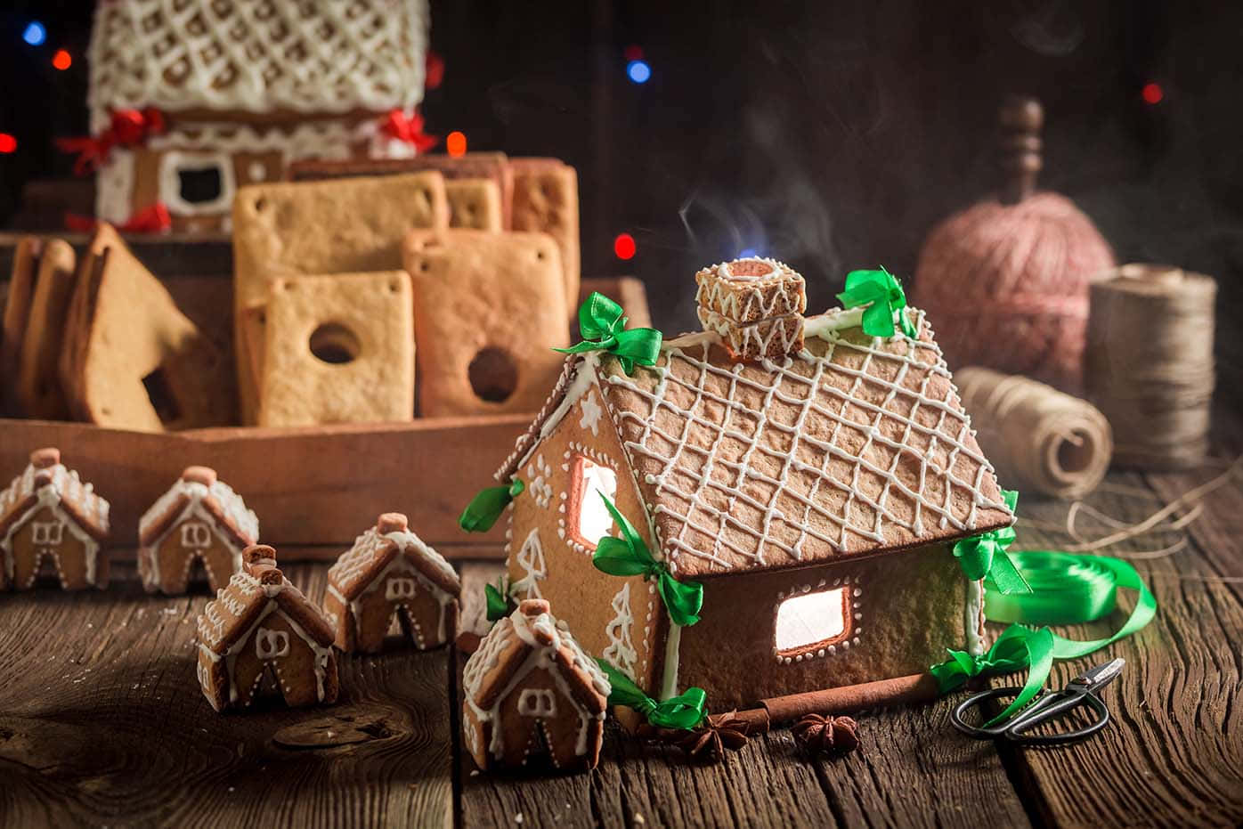 gingerbread house, green ribbons, glowing windows, HD Desktop Wallpaper
