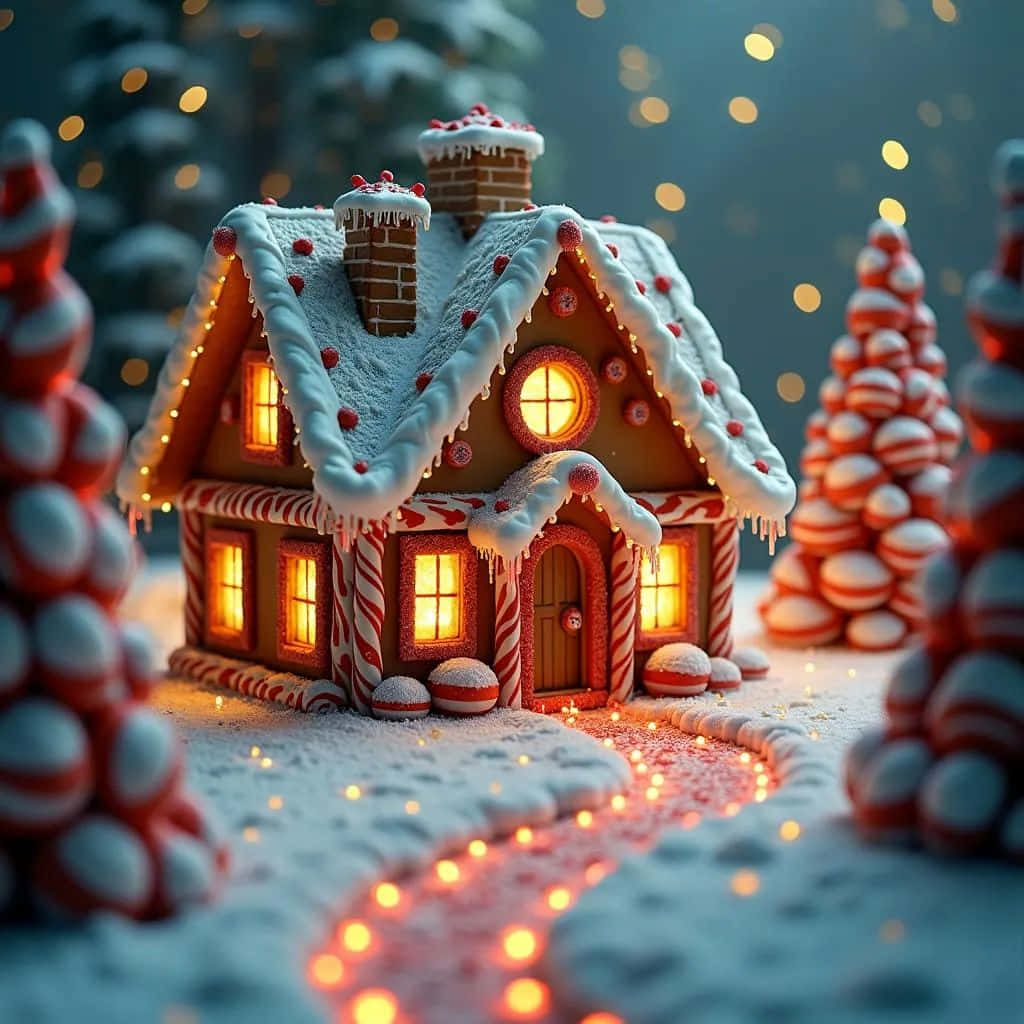 cozy gingerbread house, snow, candy cane trim, SD Desktop Wallpaper