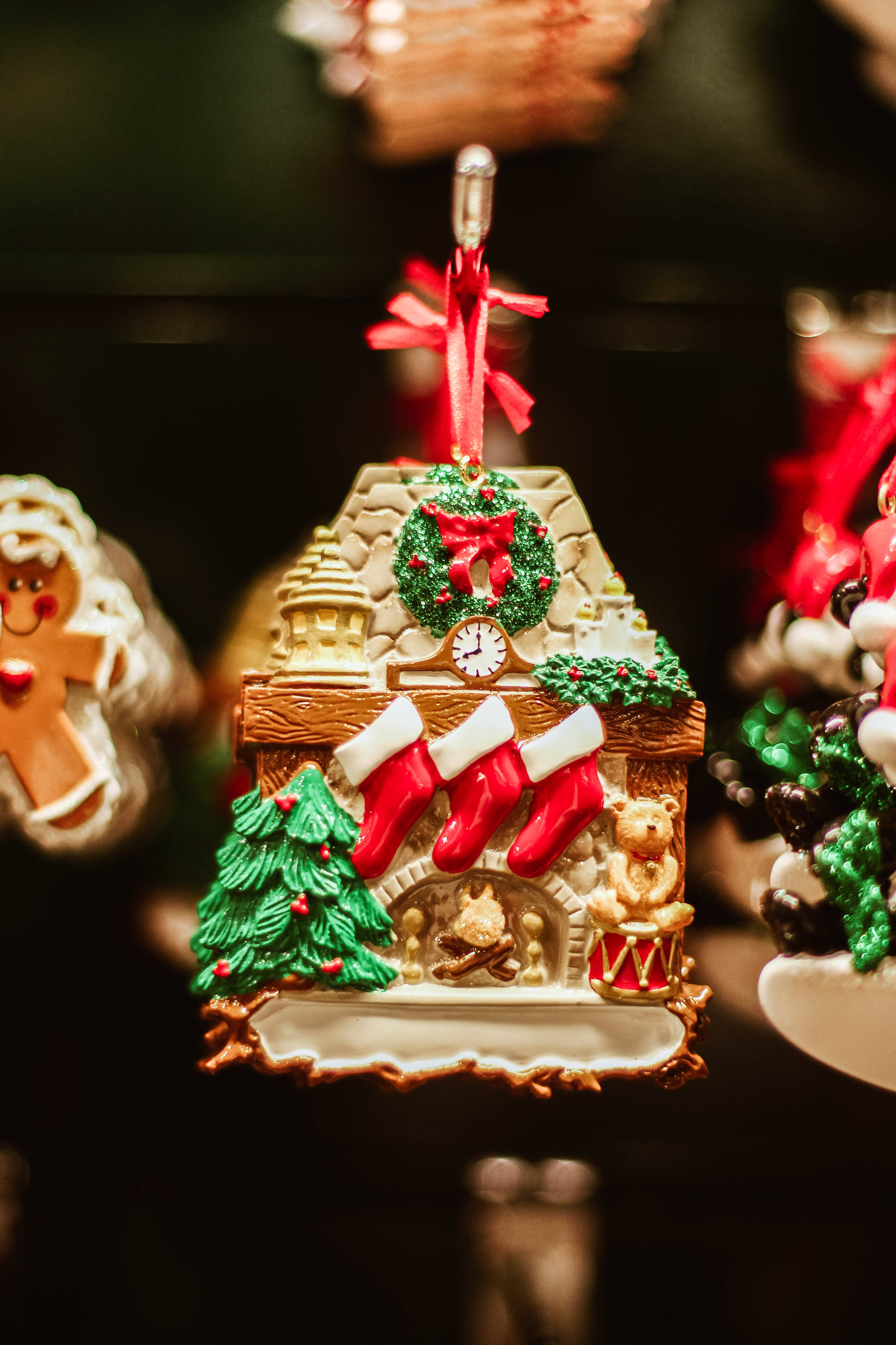 colorful gingerbread house, festive ceramic Christmas ornament, cozy house, 4K Phone Wallpaper