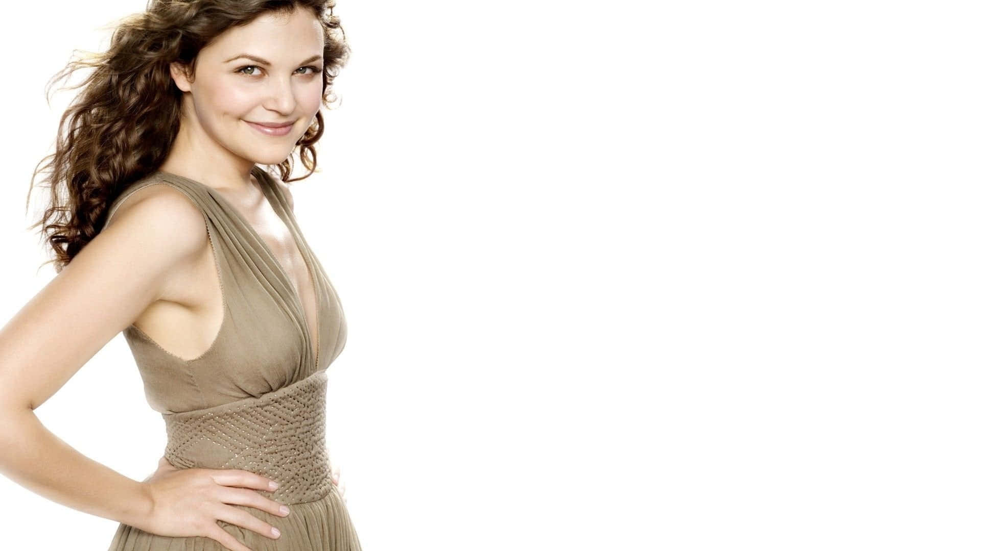Ginnifer Goodwin, curly brown hair, taupe dress, Full HD Desktop Wallpaper