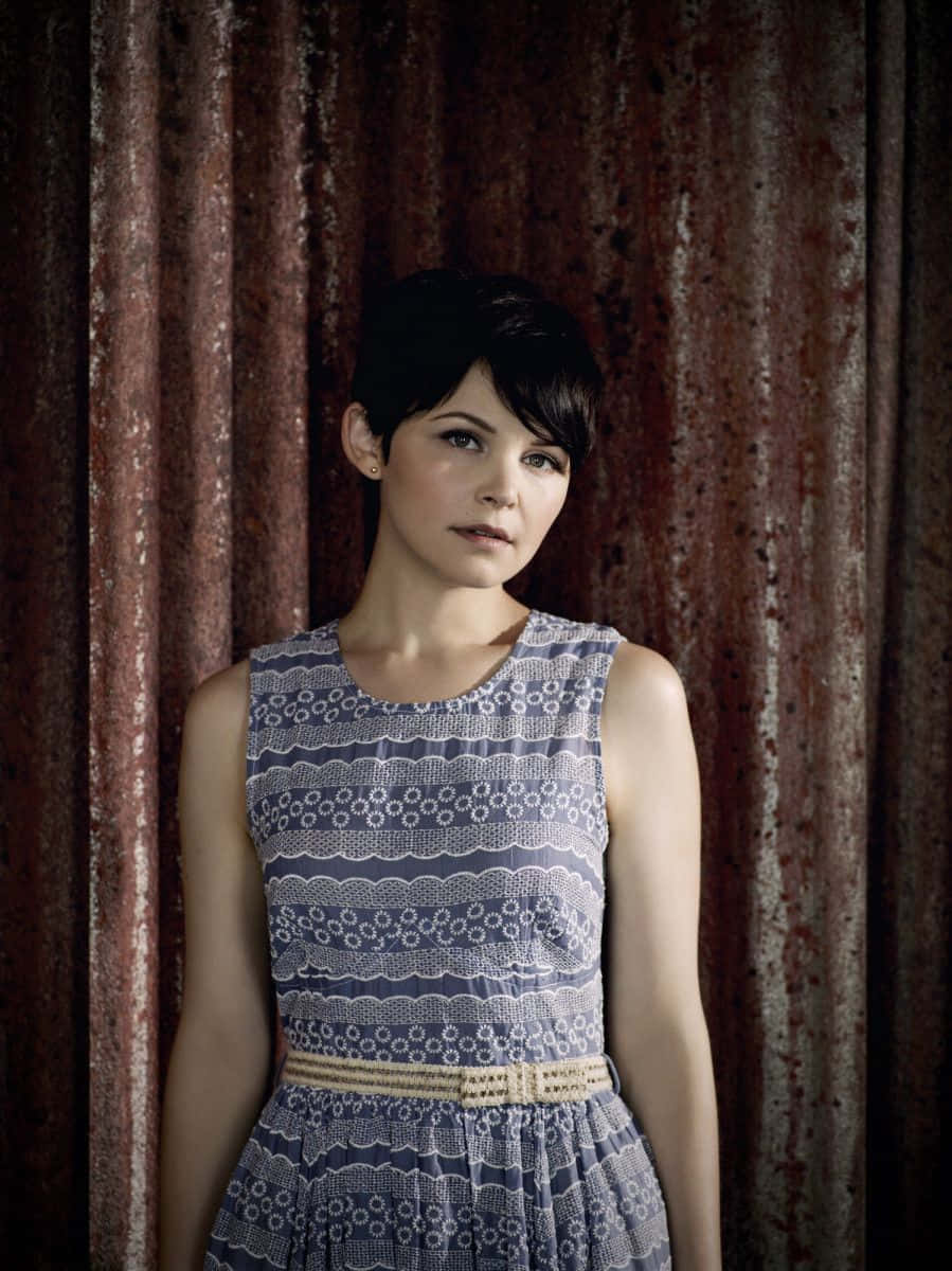 Ginnifer Goodwin, short dark hair, textured rust-colored curtain, SD Phone Wallpaper
