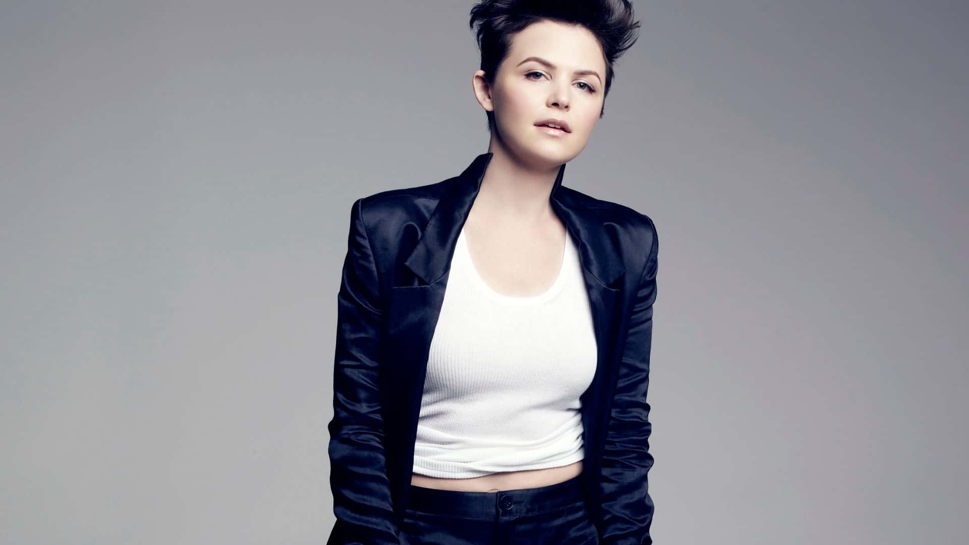Ginnifer Goodwin, black satin blazer, white crop top, Full HD Desktop Wallpaper