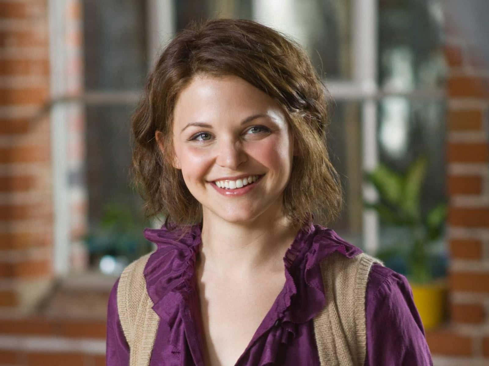 Ginnifer Goodwin, short brown hair, brick wall, HD Desktop Wallpaper