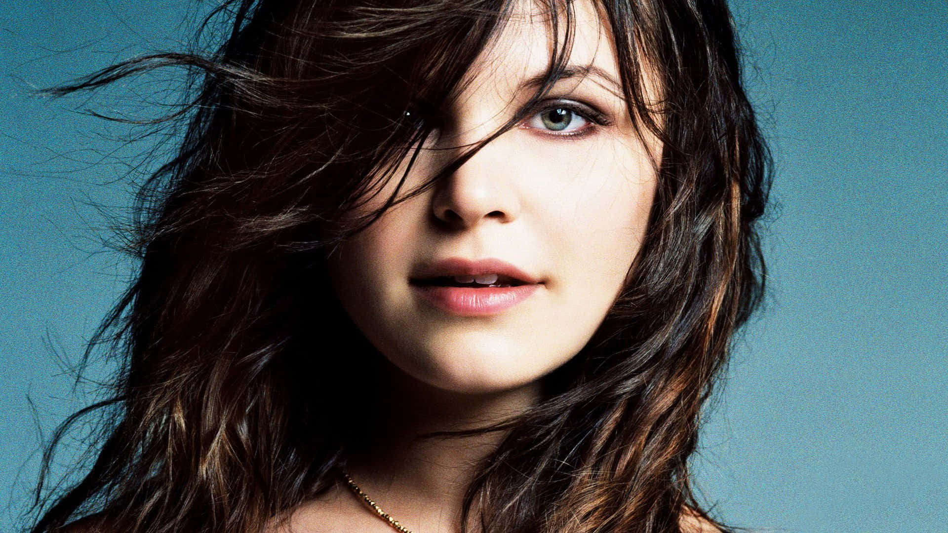 Ginnifer Goodwin, teal background, windswept dark hair, Full HD Desktop Wallpaper