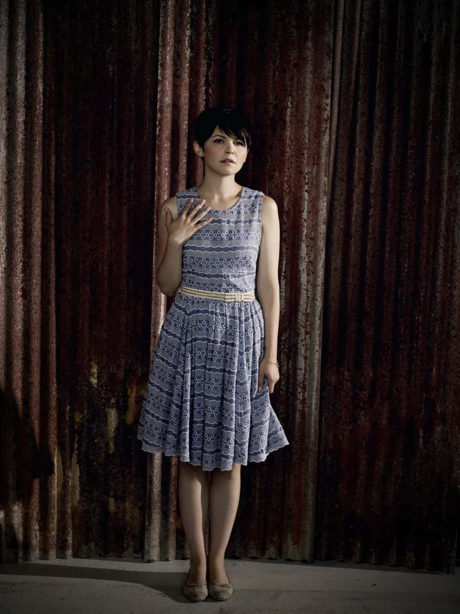 Ginnifer Goodwin, patterned blue dress, textured rusted metal wall, SD Phone Wallpaper