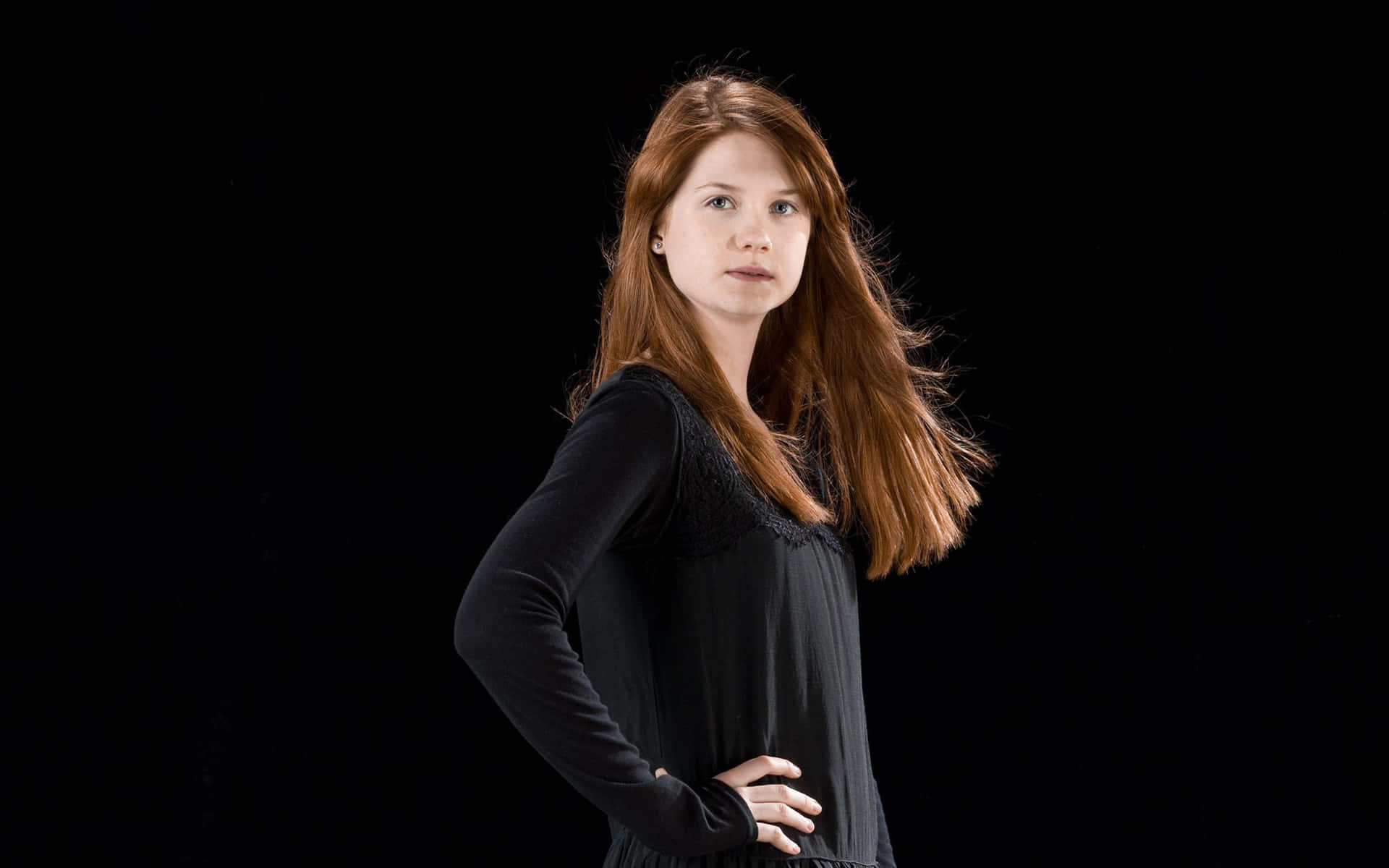 Ginny Weasley, long red hair, black background, Full HD Desktop Wallpaper