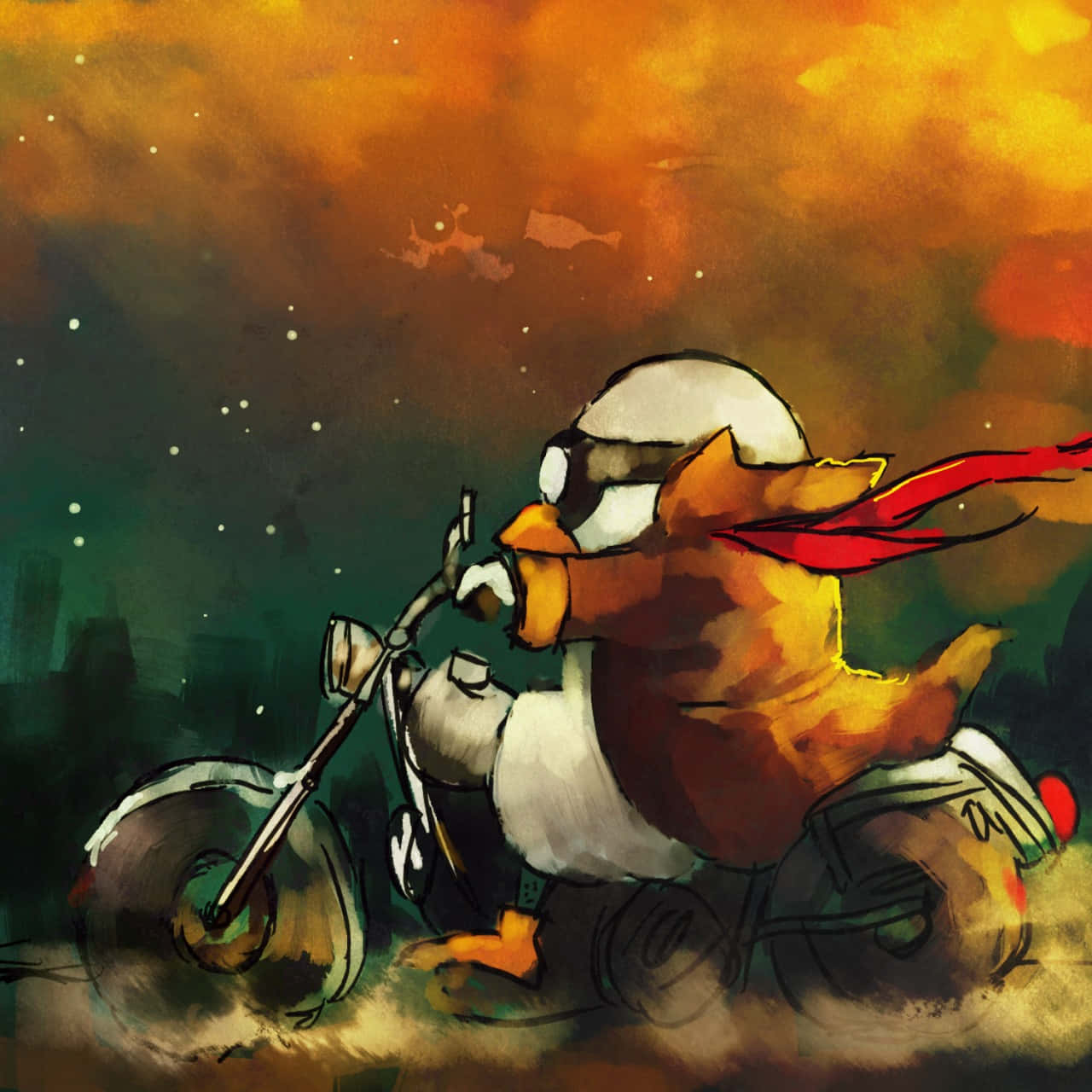 Elizabeth, motorcycle, starry orange and green sky, HD Desktop Wallpaper