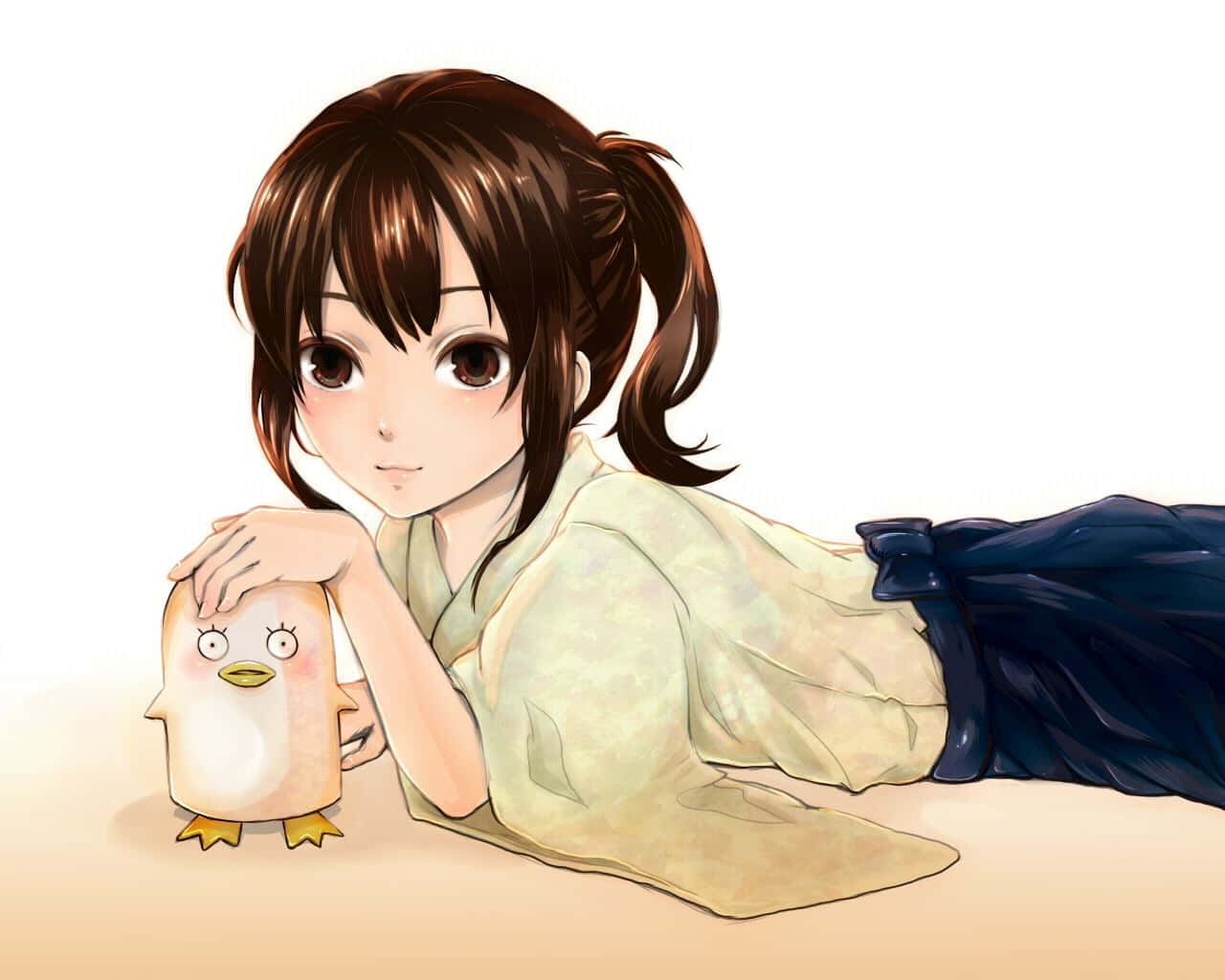 Elizabeth, penguin plushie, light kimono, HD Desktop Wallpaper