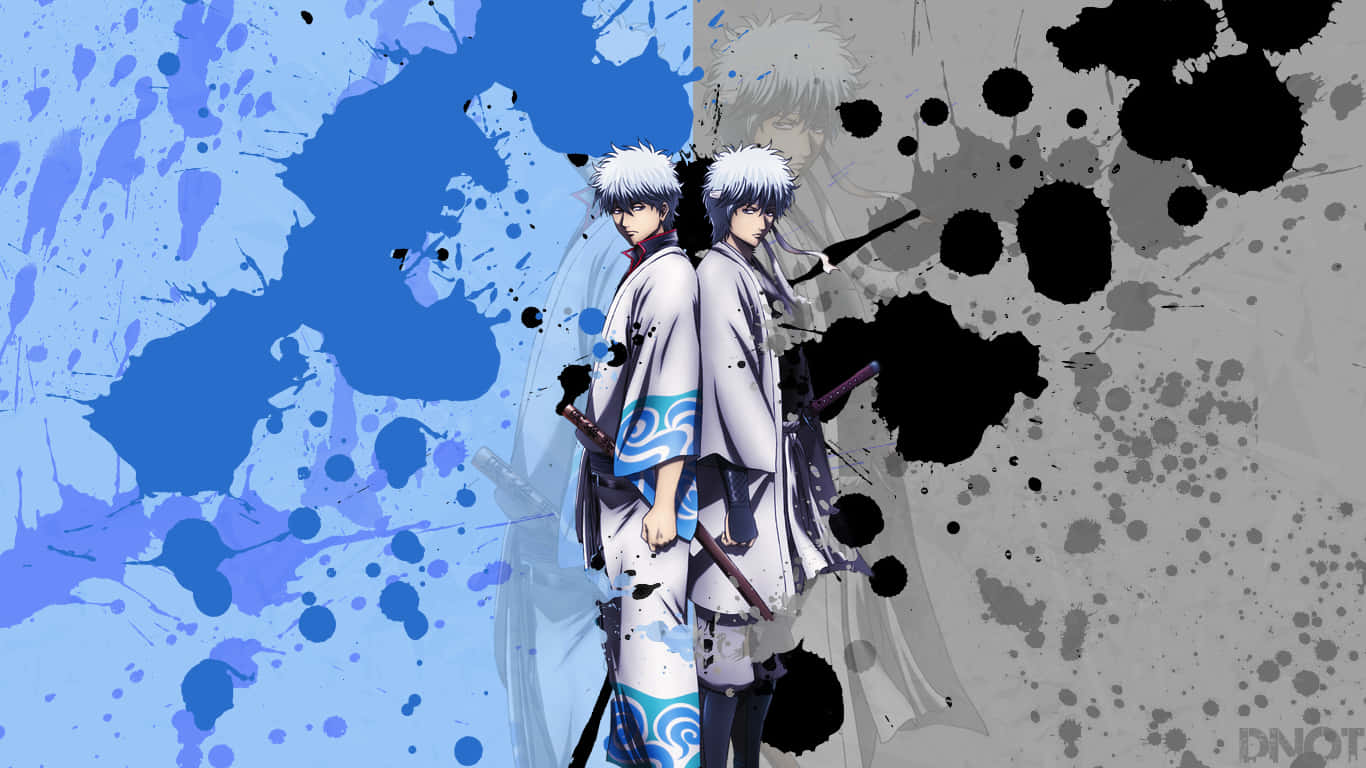 Gintama HD, white robes, blue and black ink-splatter background, HD Desktop Wallpaper