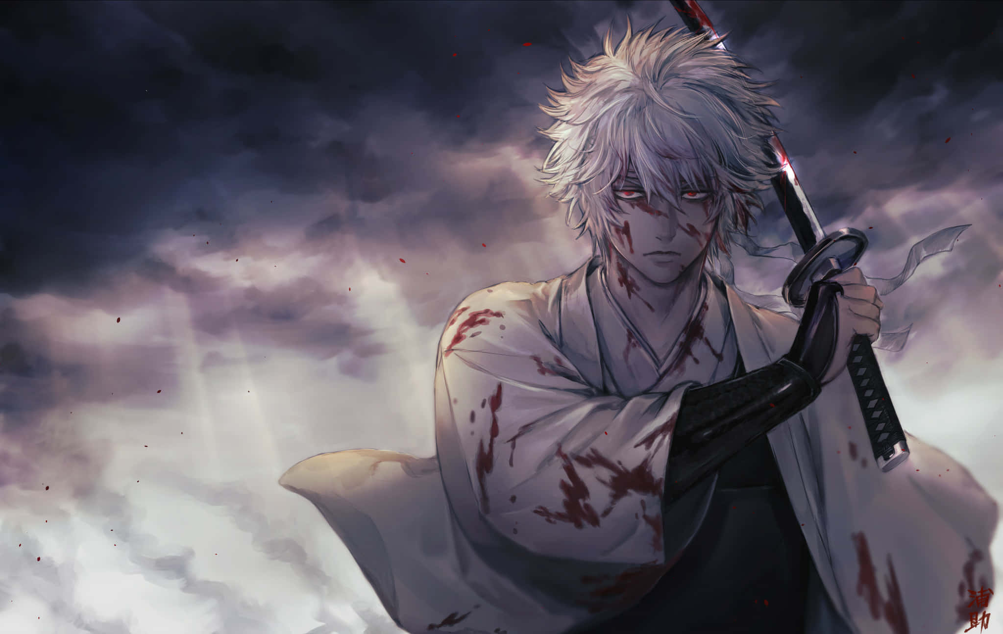 Gintama HD, white hair, red eyes, Full HD Desktop Wallpaper