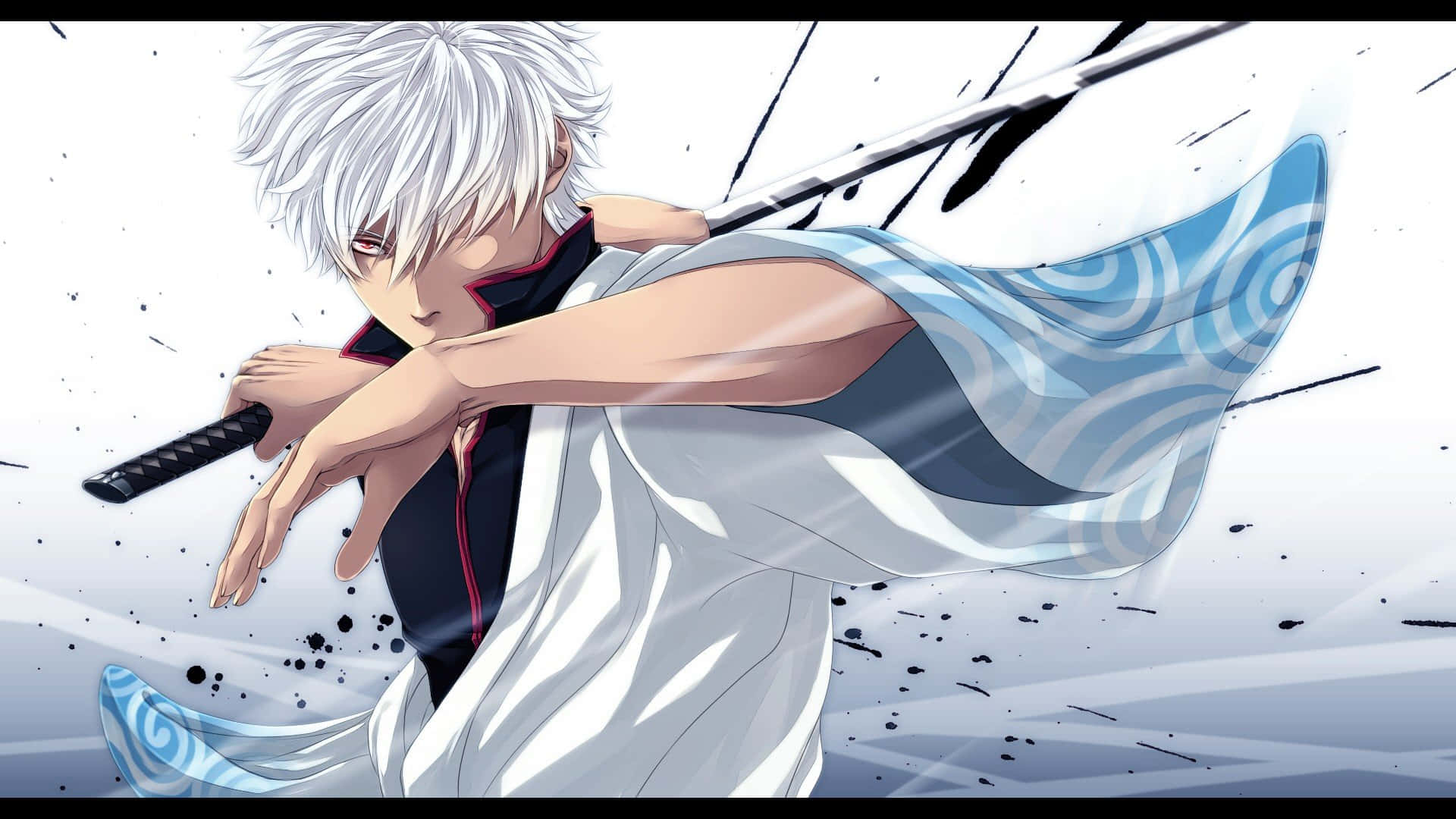 Gintama HD, white hair, blue patterned cloak, Full HD Desktop Wallpaper