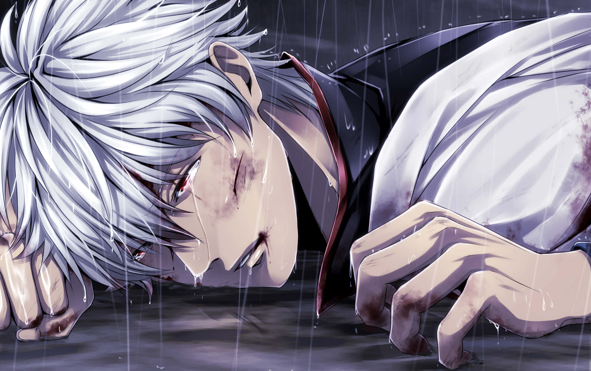 Gintama, silver-haired anime character, heavy rain, Full HD Desktop Wallpaper