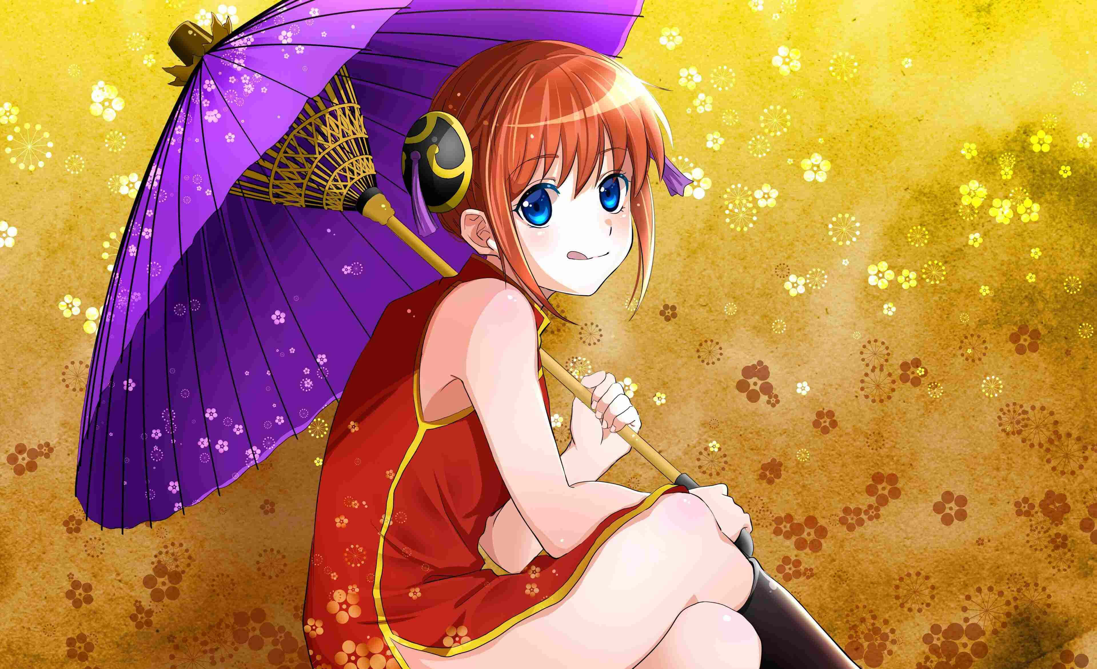 Kagura, umbrella, orange hair, 2K Desktop Wallpaper