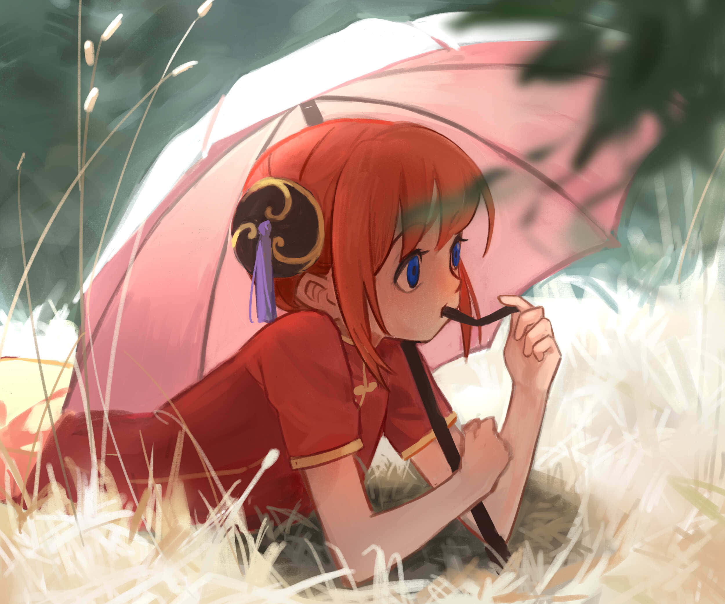 Kagura, red-haired anime girl, red dress, Full HD Desktop Wallpaper