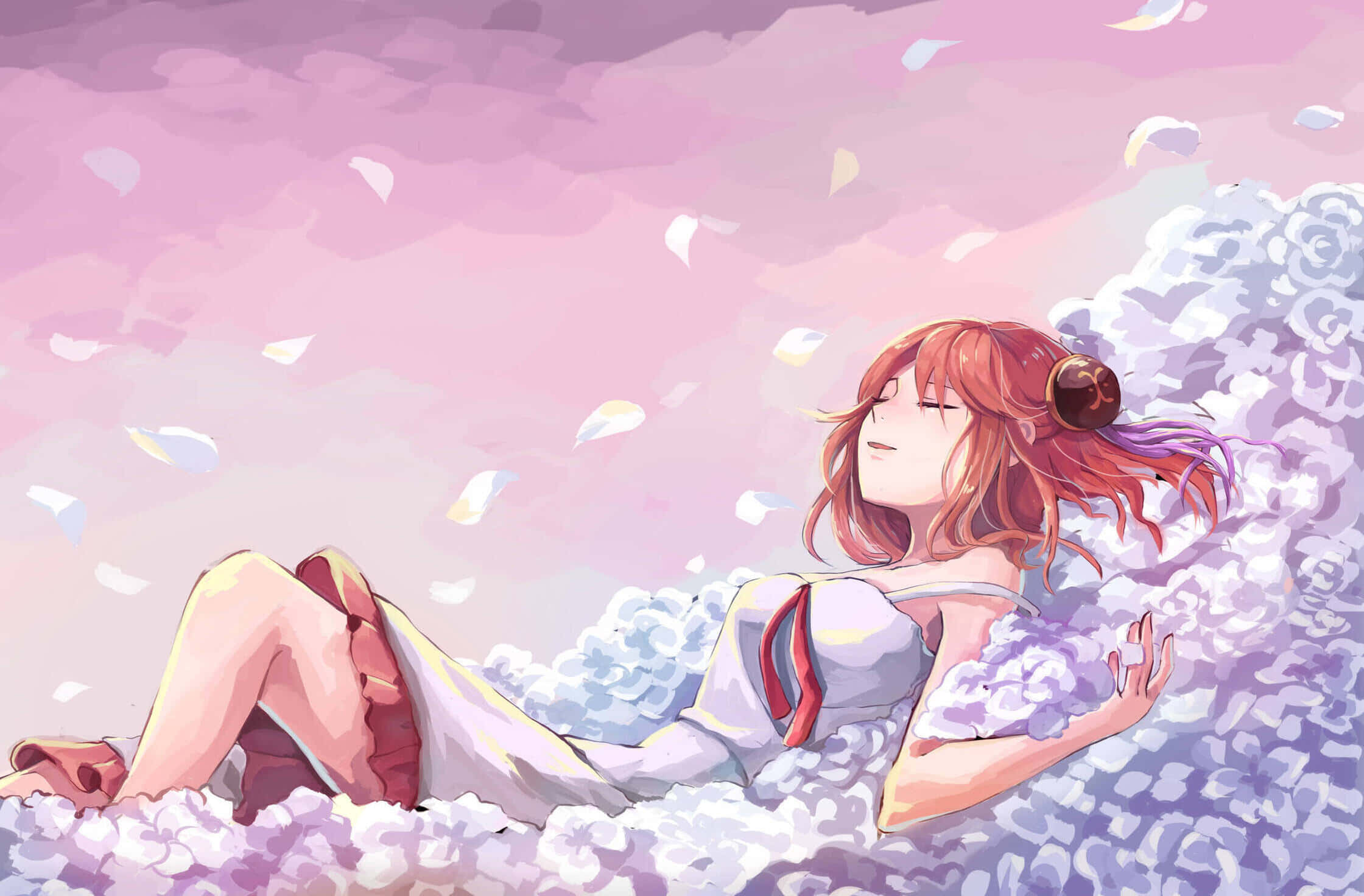 Kagura, red hair, white roses, Full HD Desktop Wallpaper
