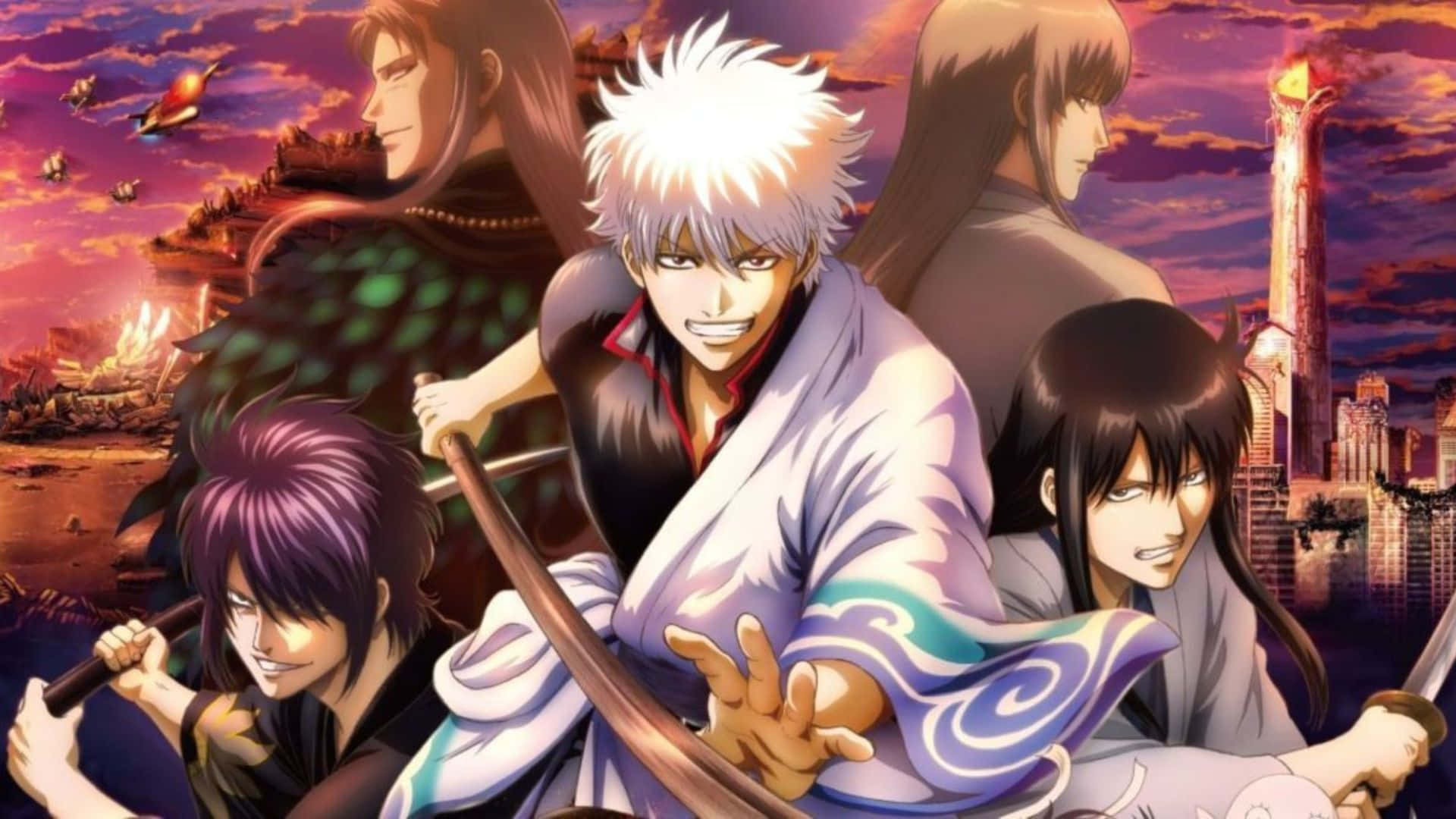 Gintama, swords, fiery sunset, Full HD Desktop Wallpaper