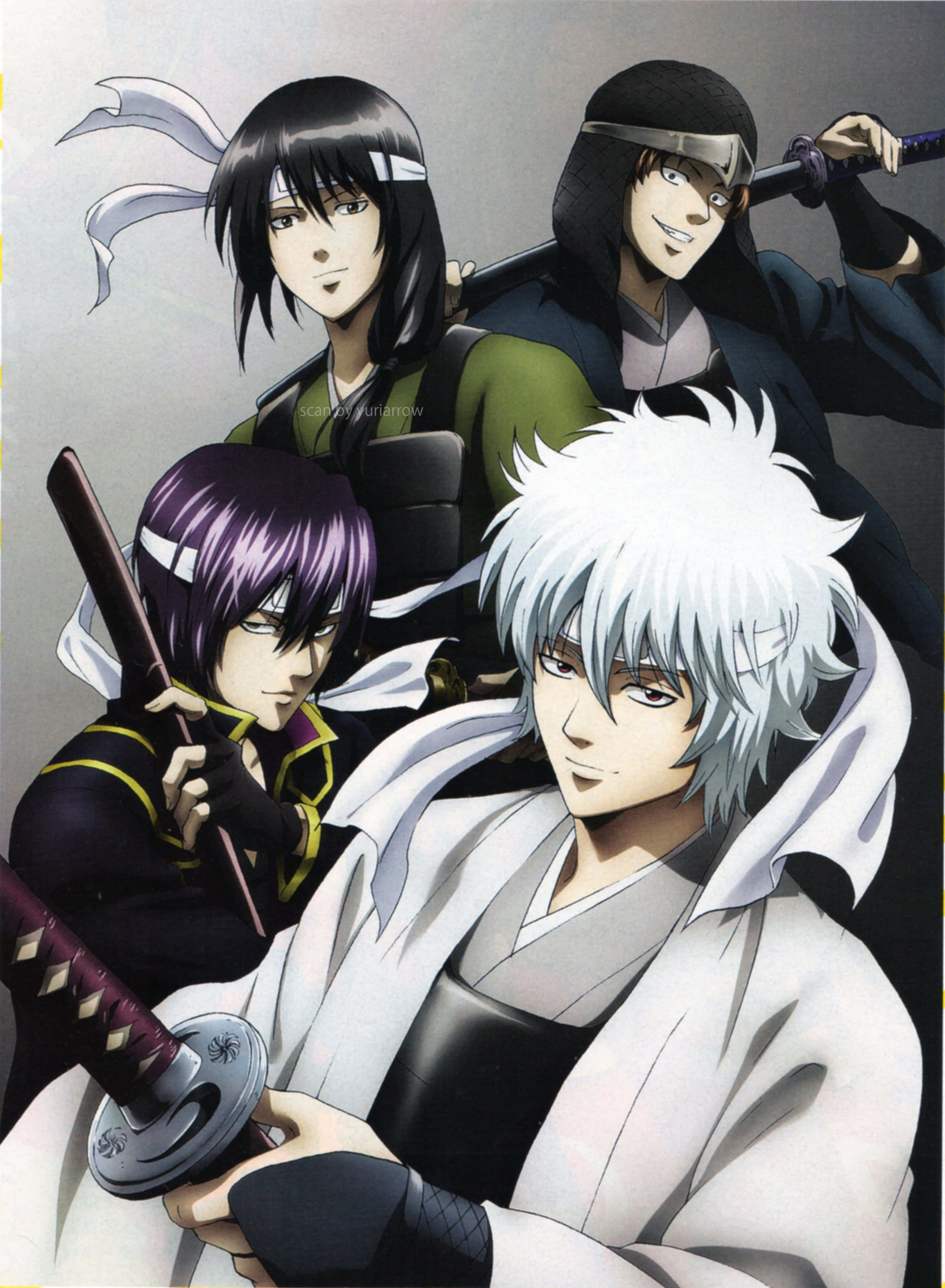 Gintama, characters group pose, anime samurai warriors, 4K Phone Wallpaper