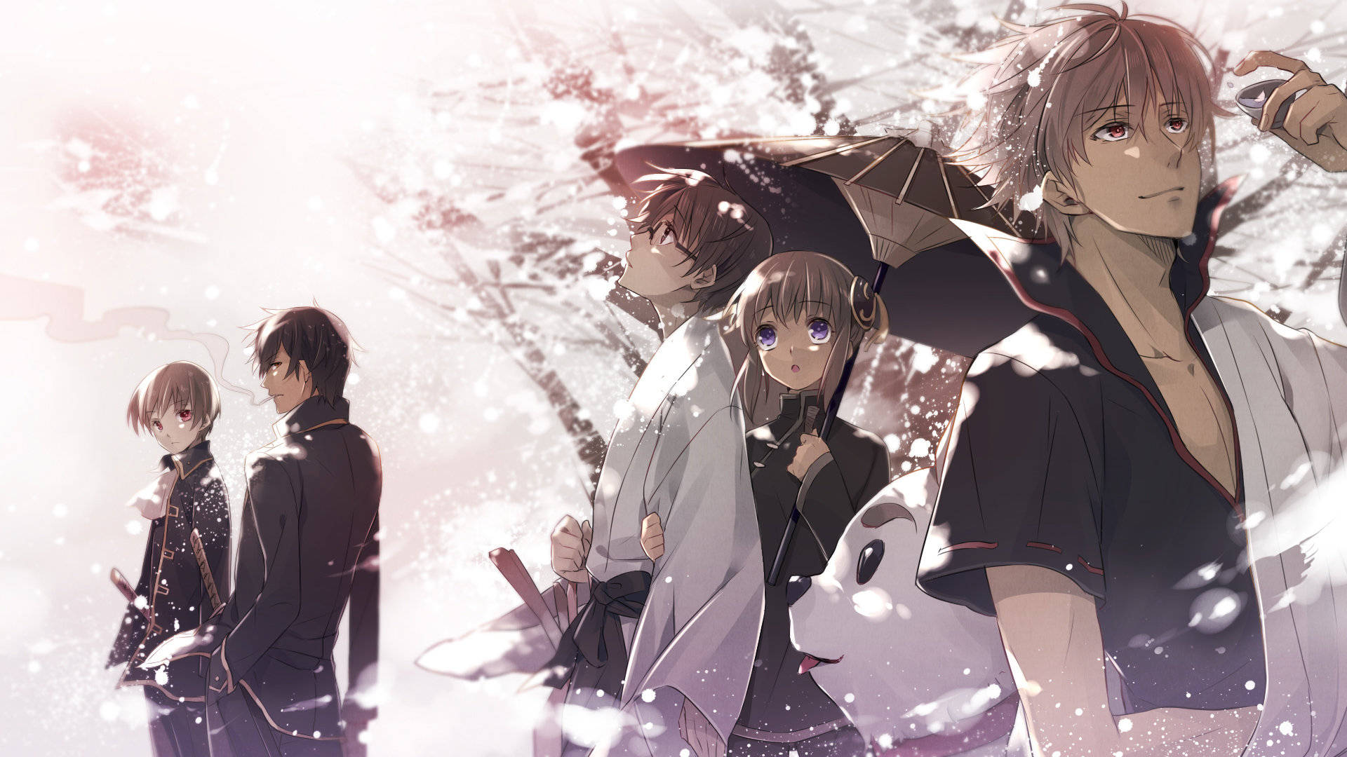 Gintama, characters, sakura tree, Full HD Desktop Wallpaper