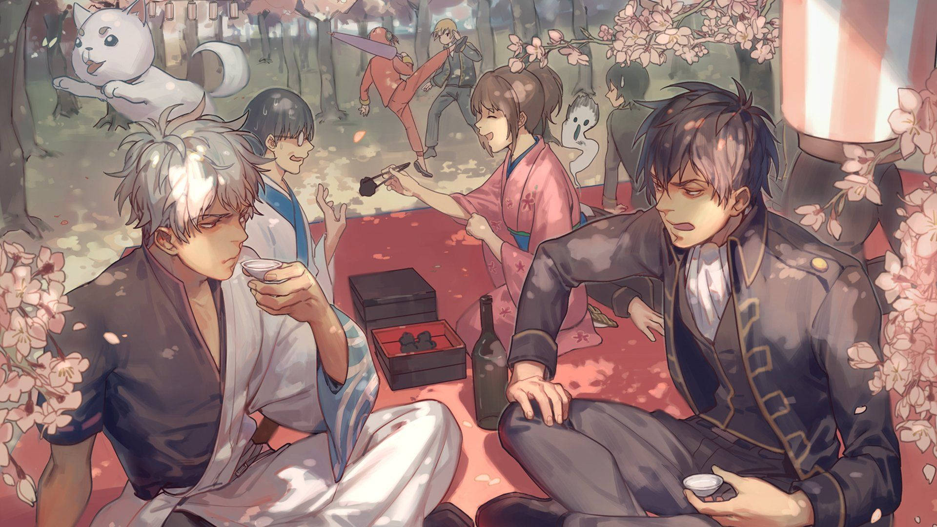 Gintama, cherry blossom tea, falling pink petals, Full HD Desktop Wallpaper