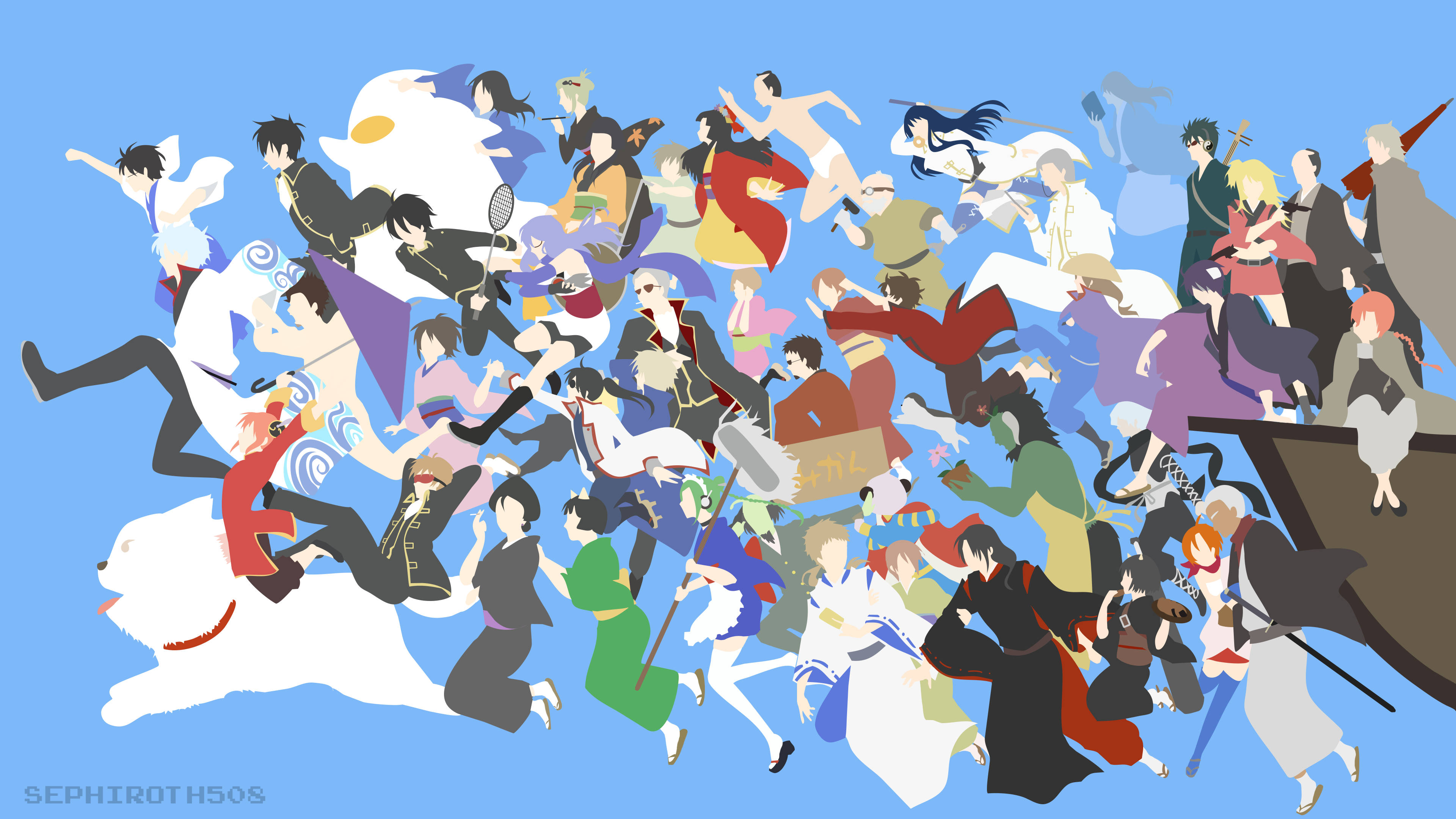 Gintama, minimalist art, anime-style collage, 4K Desktop Wallpaper