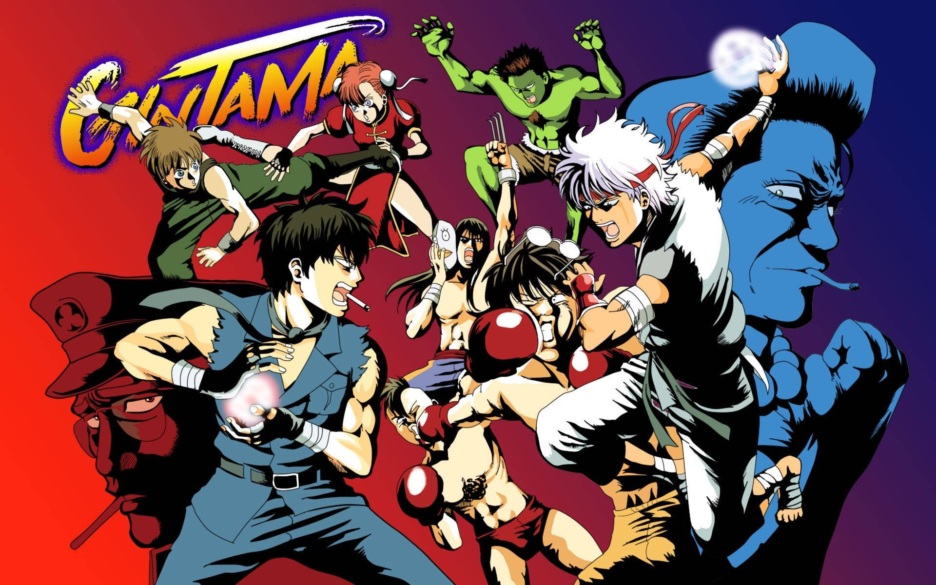Gintama, martial arts, vibrant red and purple gradient background, Full HD Desktop Wallpaper