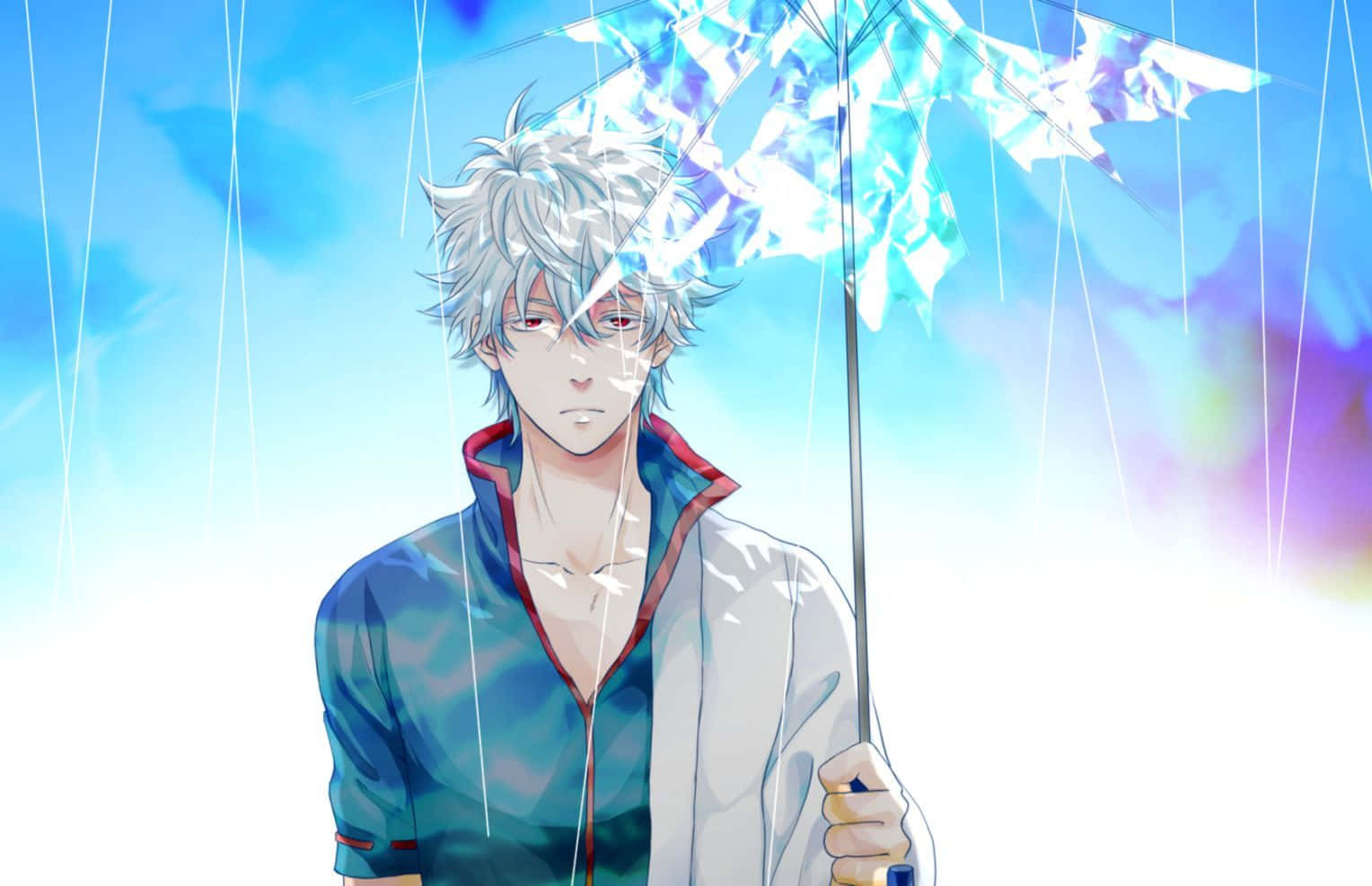 Gintama, silver-haired anime boy, glowing blue umbrella, HD Desktop Wallpaper