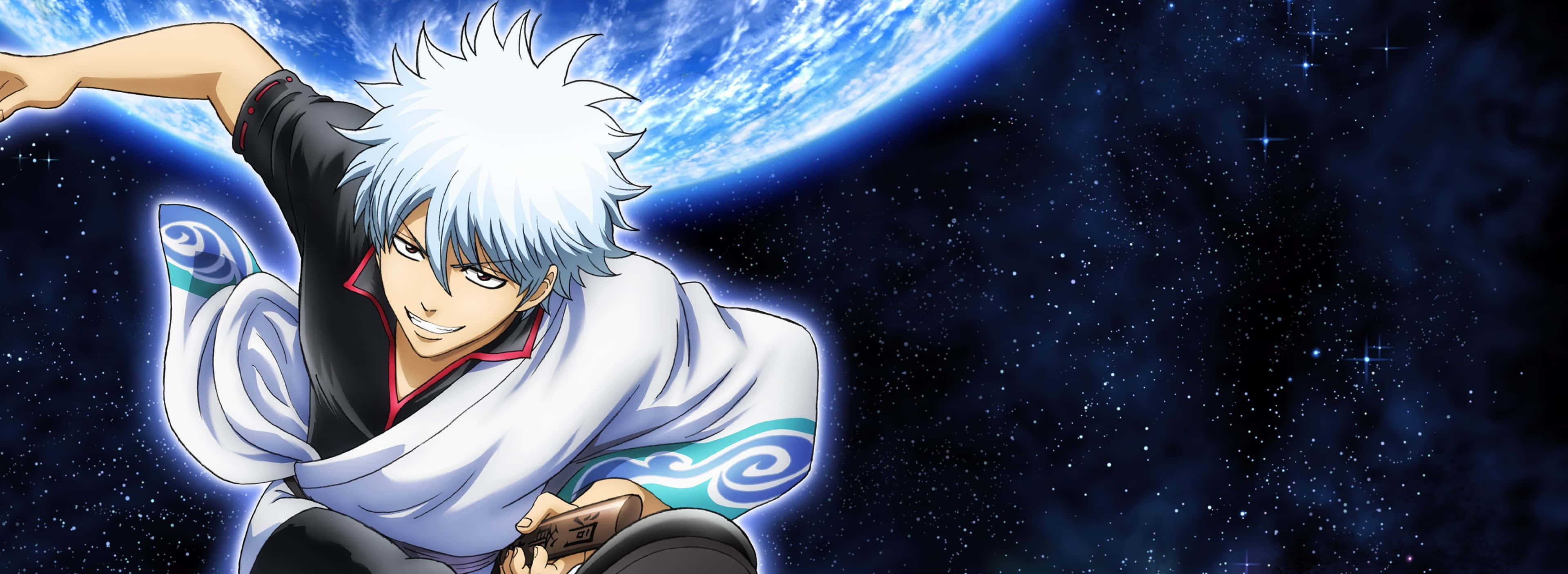 Gintama, spiky white hair, starry cosmic backdrop, 4K Desktop Wallpaper