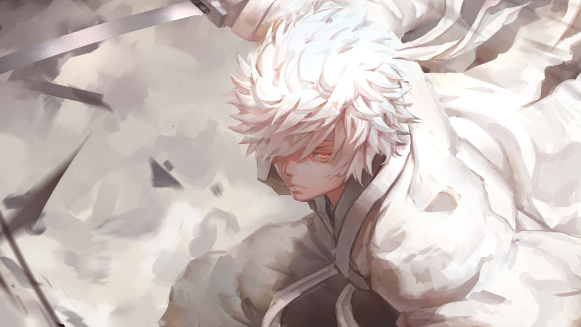 Gintama, white-haired anime warrior, glowing red eyes, Full HD Desktop Wallpaper