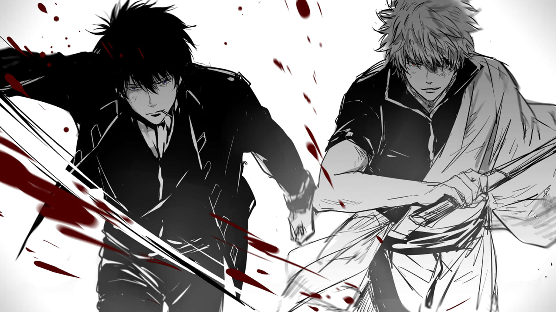 Gintama, HD Visuals, black and white battle scene, Full HD Desktop Wallpaper