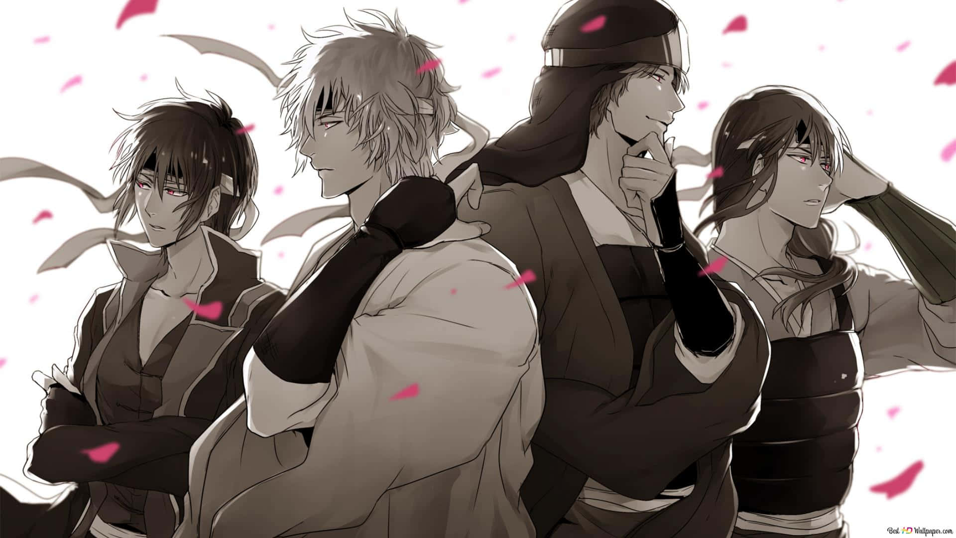 Gintama, monochrome attire, falling pink petals, Full HD Desktop Wallpaper