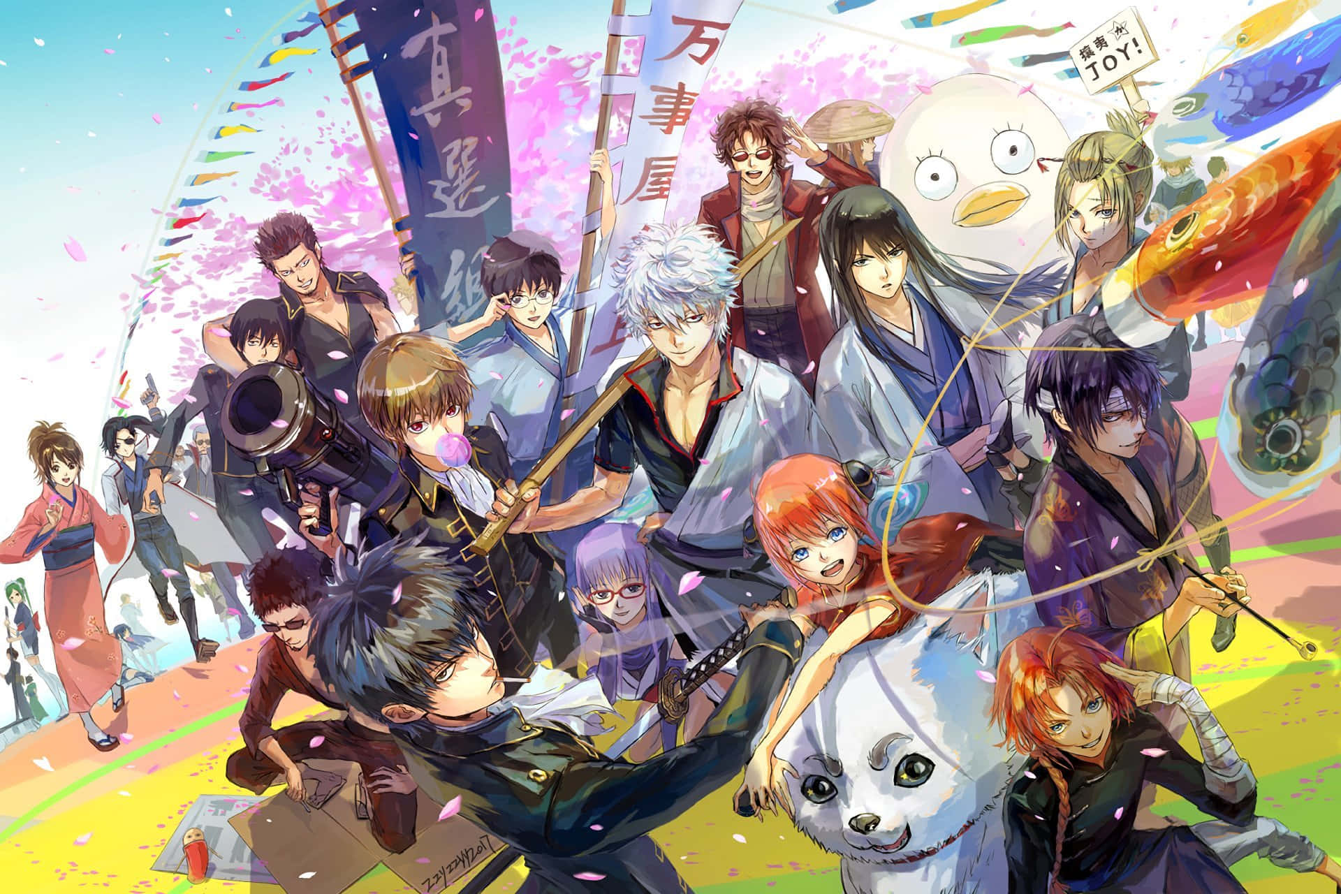 Gintama, cherry blossoms confetti, traditional Japanese banners, Full HD Desktop Wallpaper