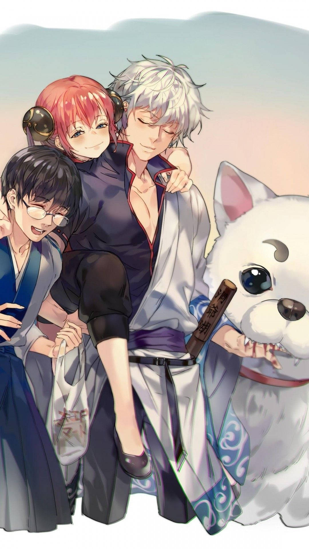 Gintoki Sakata, three friends, white fox-like creature, Full HD Phone Wallpaper