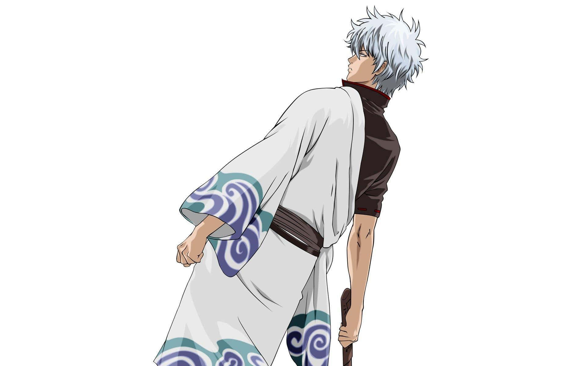Gintoki Sakata, white hair, white robe with blue swirls, Full HD Desktop Wallpaper