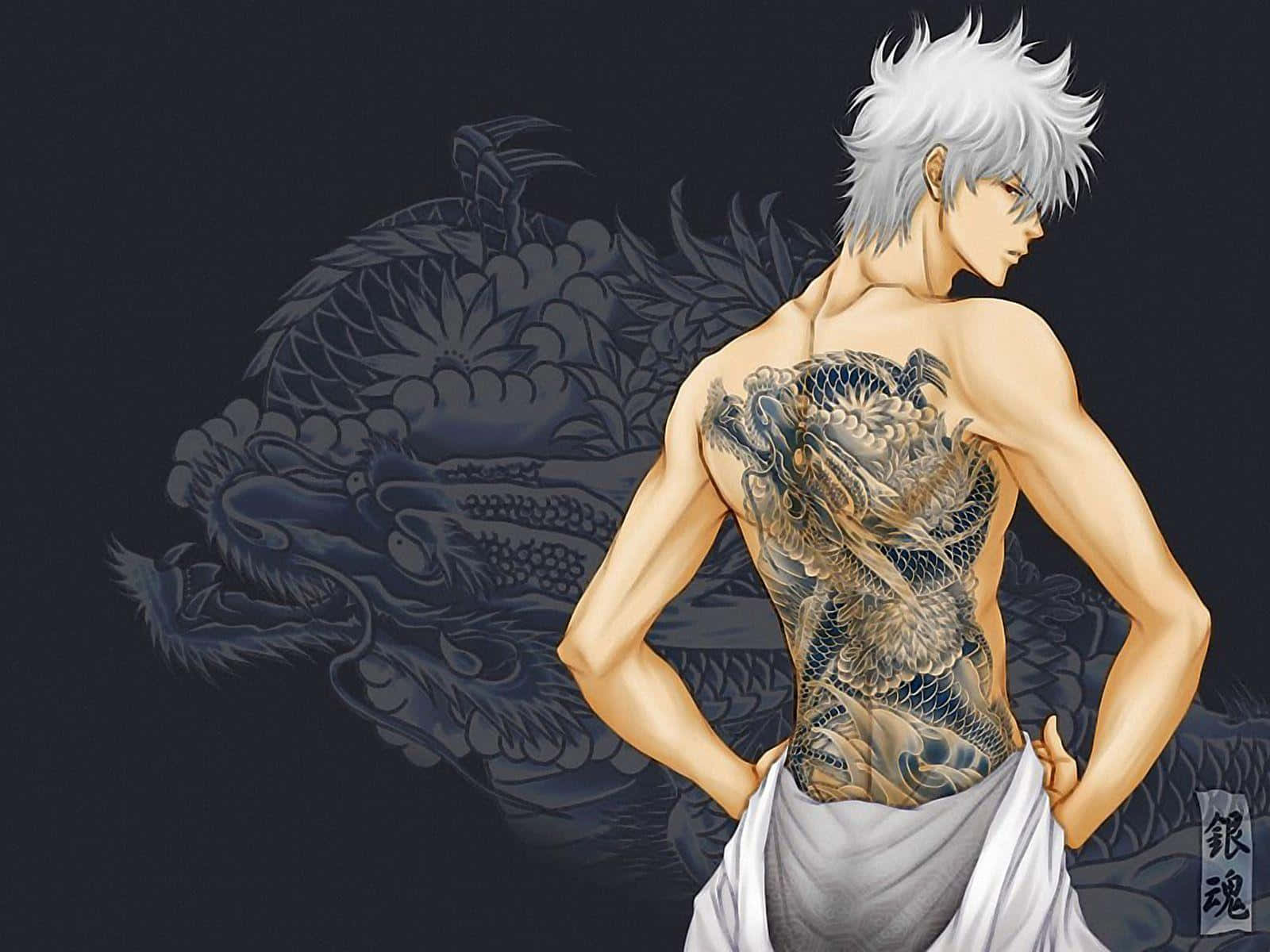 Gintoki Sakata, silver-haired, dragon tattoo, HD Desktop Wallpaper