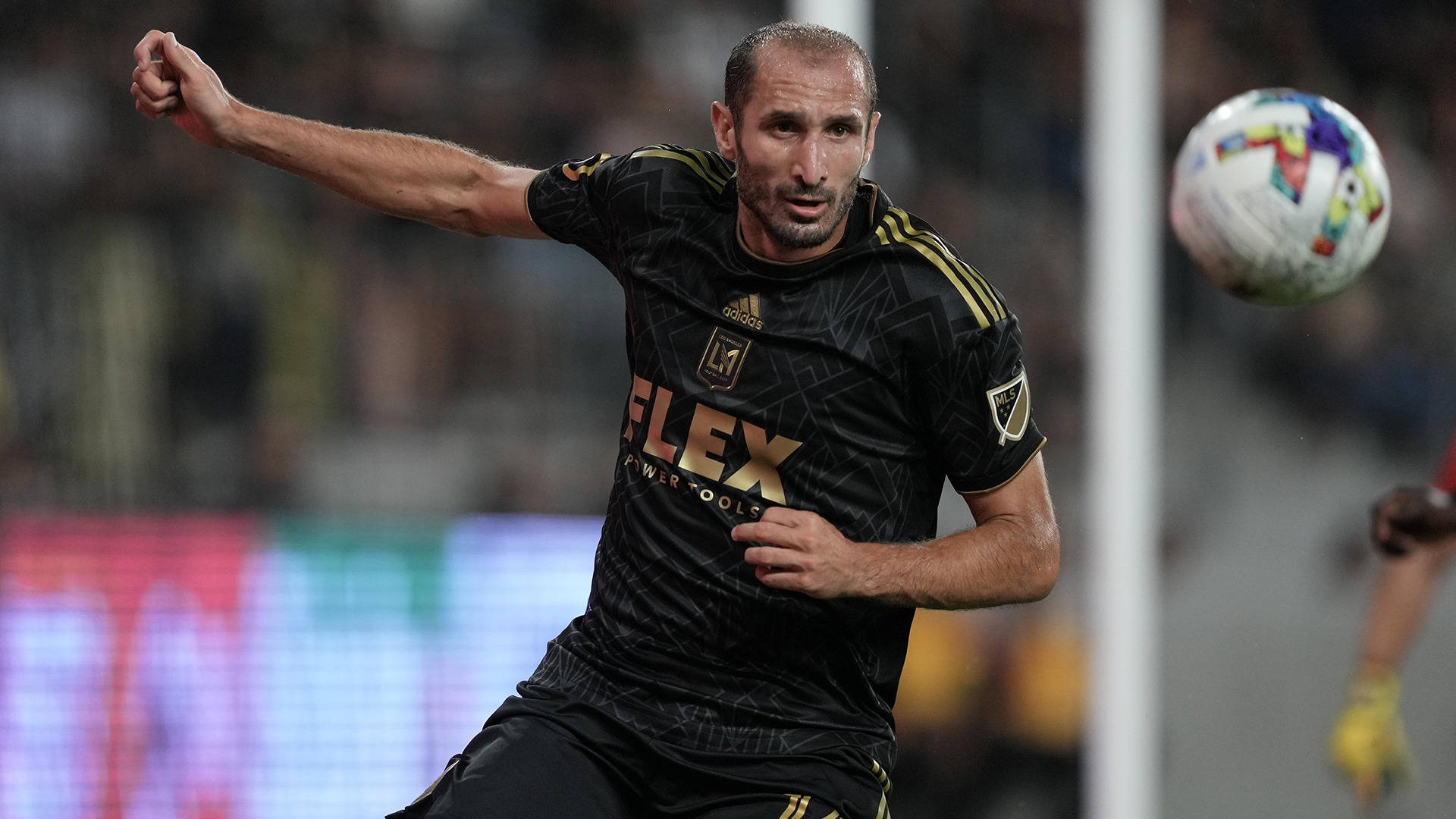 Giorgio Chiellini, black and gold jersey, colorful ball, Full HD Desktop Wallpaper