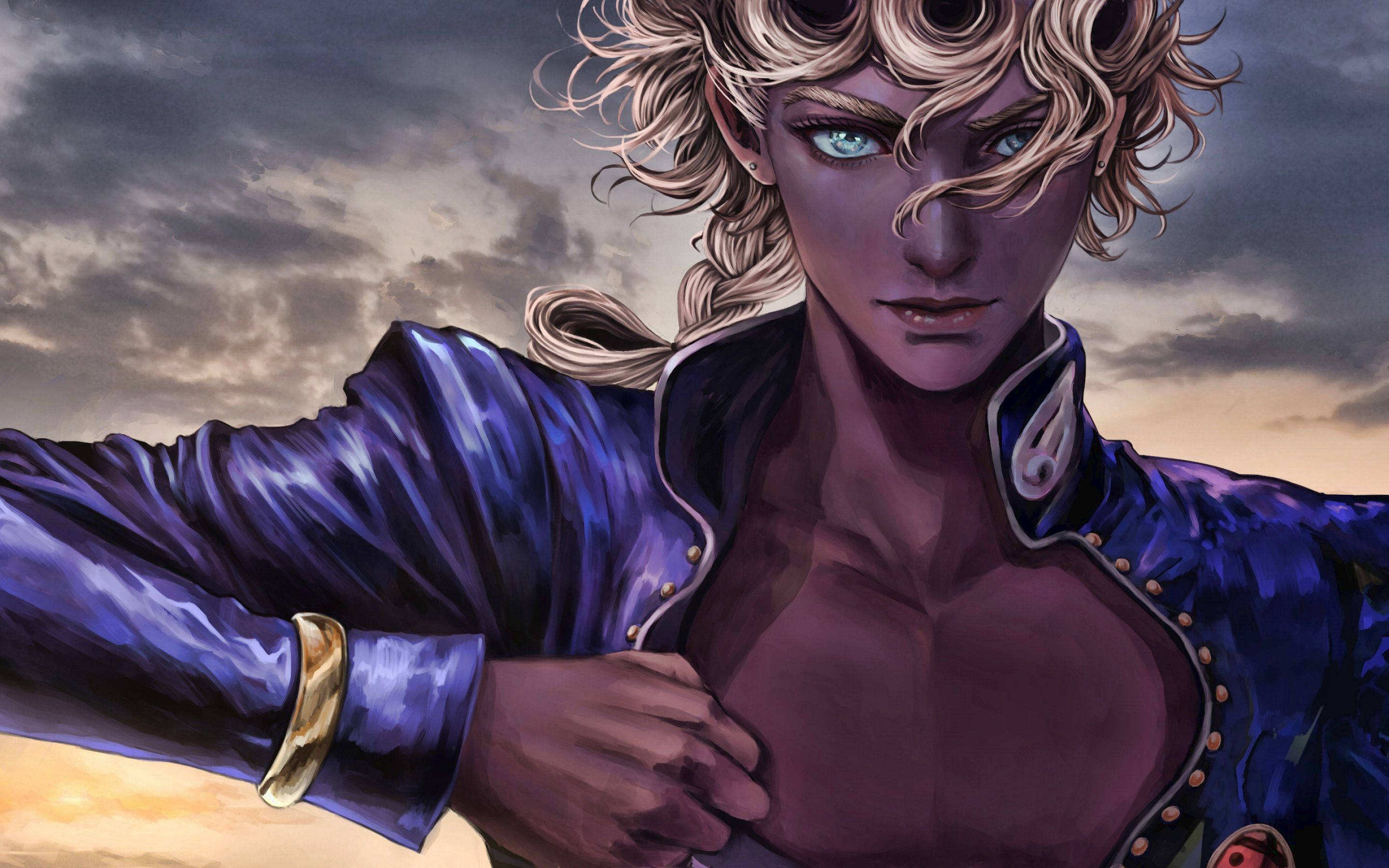 Giorno Giovanna, curly blonde hair, piercing blue eyes, 2K Desktop Wallpaper