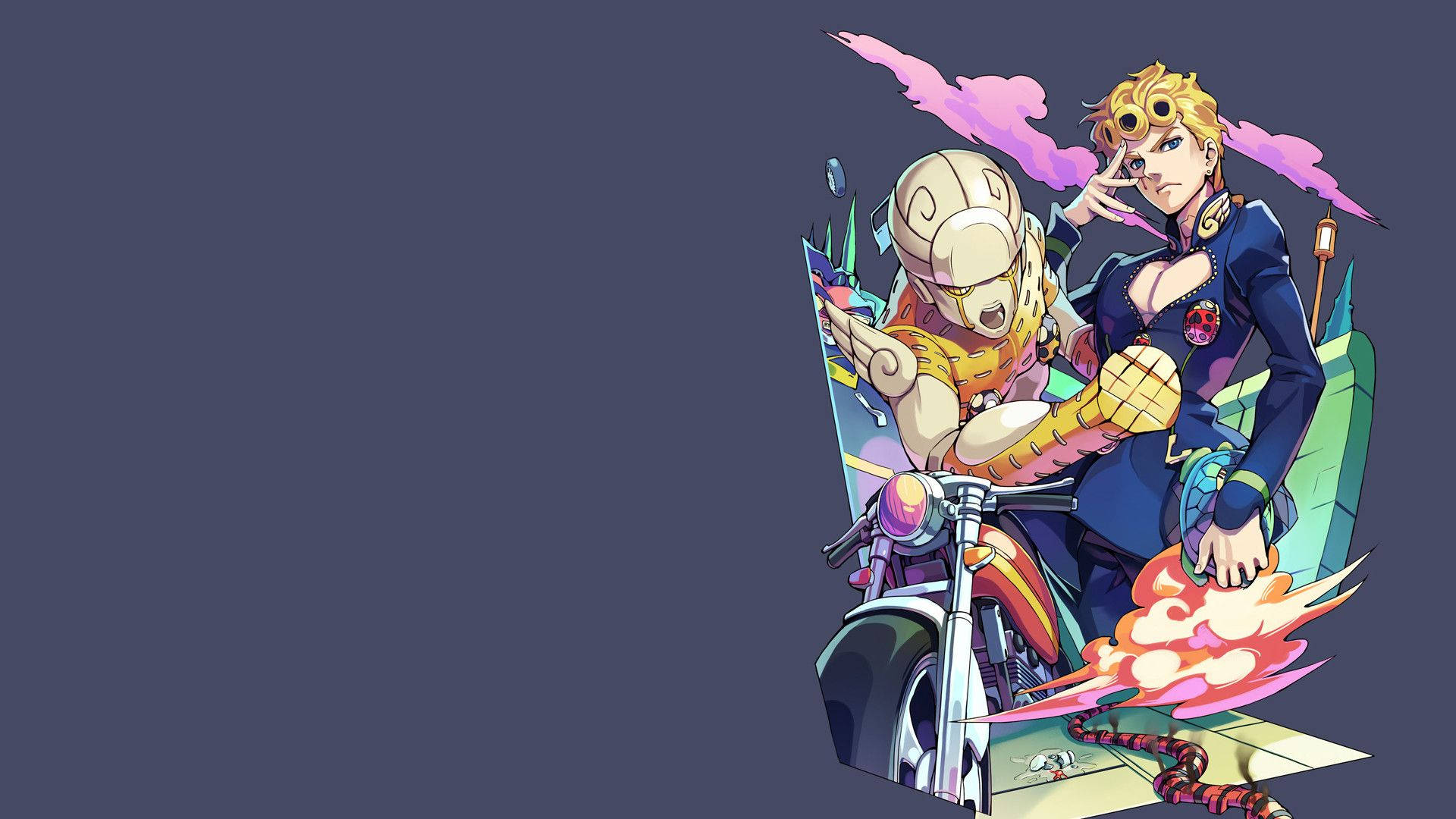 Giorno Giovanna, flaming motorcycle, dark purple background, Full HD Desktop Wallpaper