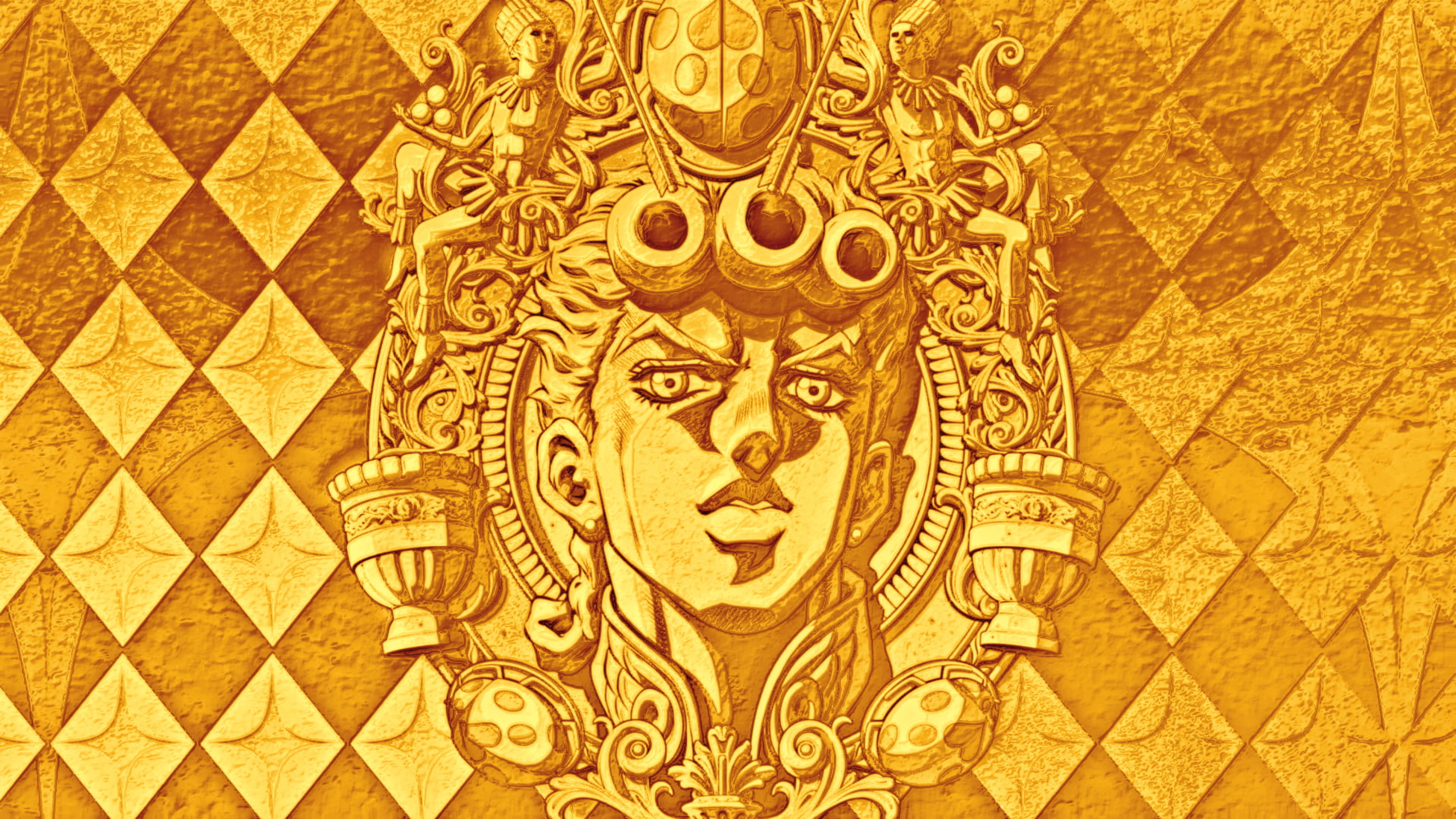 Giorno Giovanna, gold emblem, diamond background, 5K Desktop Wallpaper