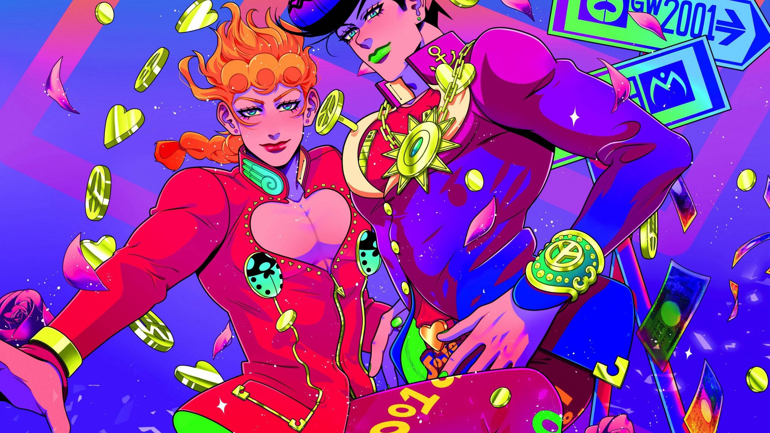 Giorno Giovanna, vibrant red and purple outfits, floating gold coins, 2K Desktop Wallpaper