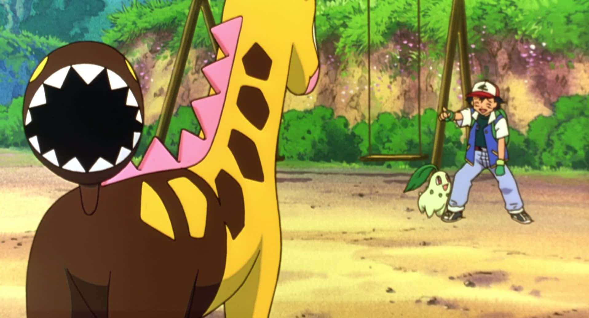 Girafarig, sunlit forest clearing, large dinosaur-like Pokémon, HD Desktop Wallpaper