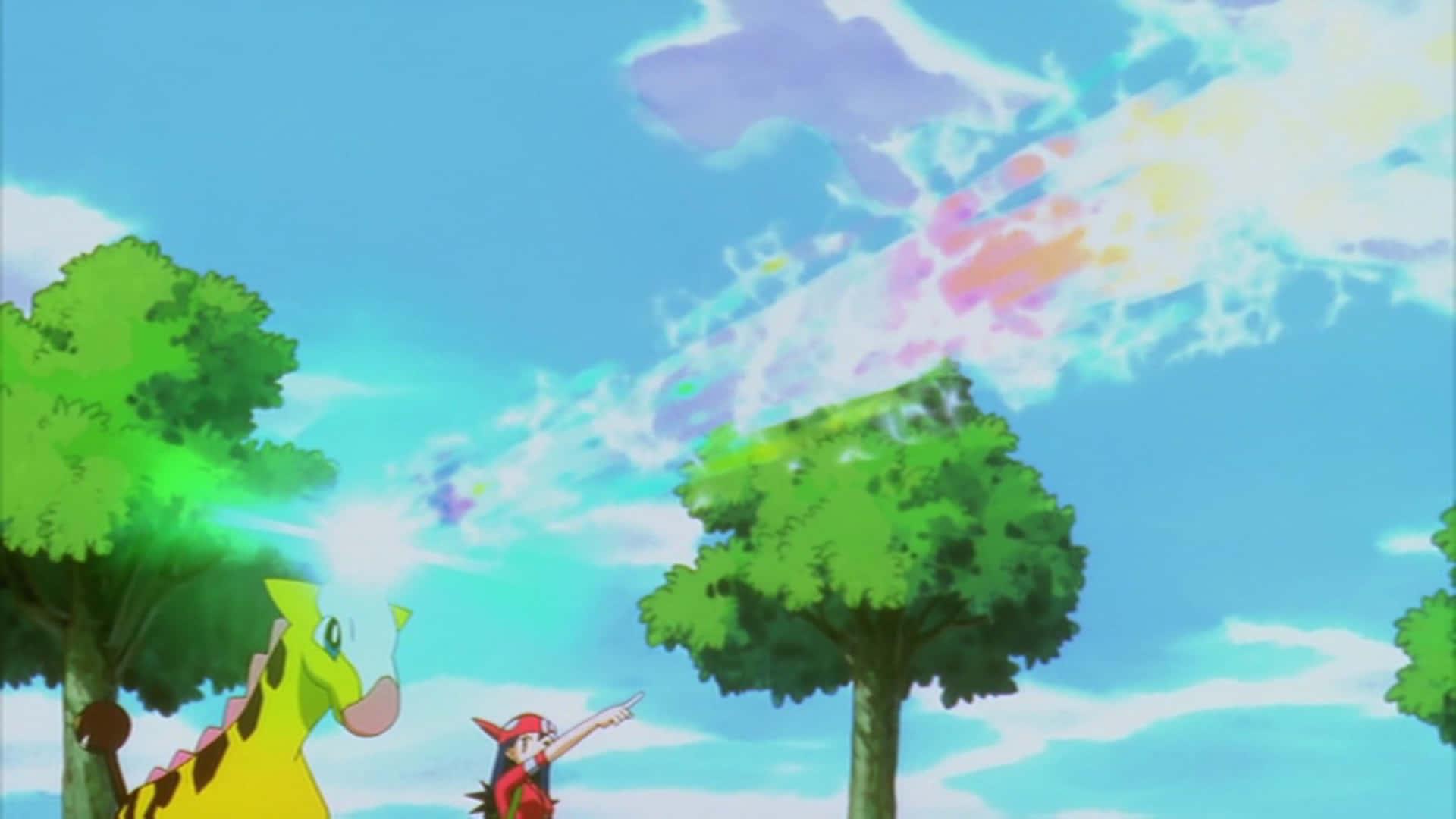Girafarig, yellow dinosaur-like Pokémon, colorful magical explosion, Full HD Desktop Wallpaper