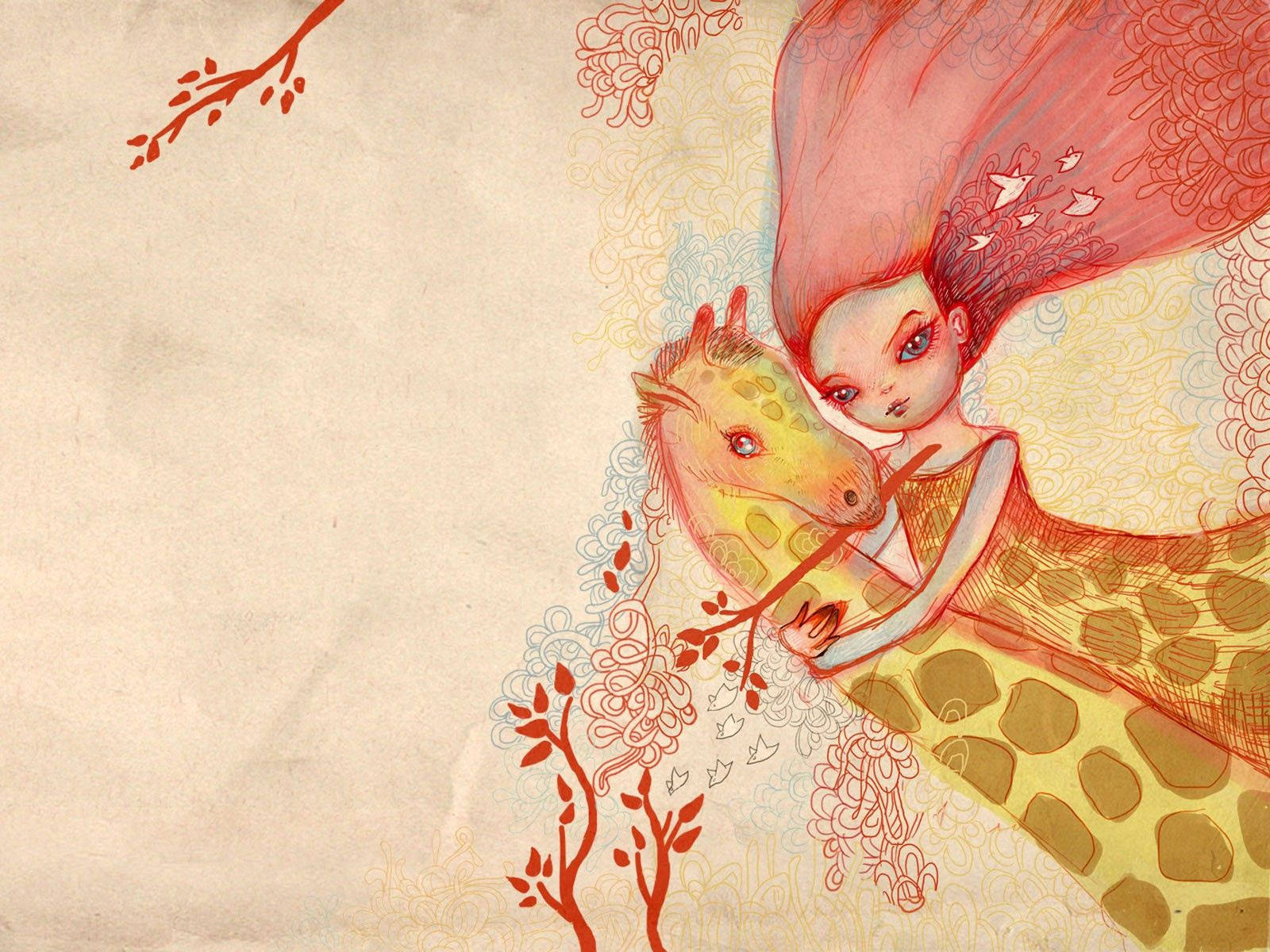girl, giraffe, watercolor art, HD Desktop Wallpaper