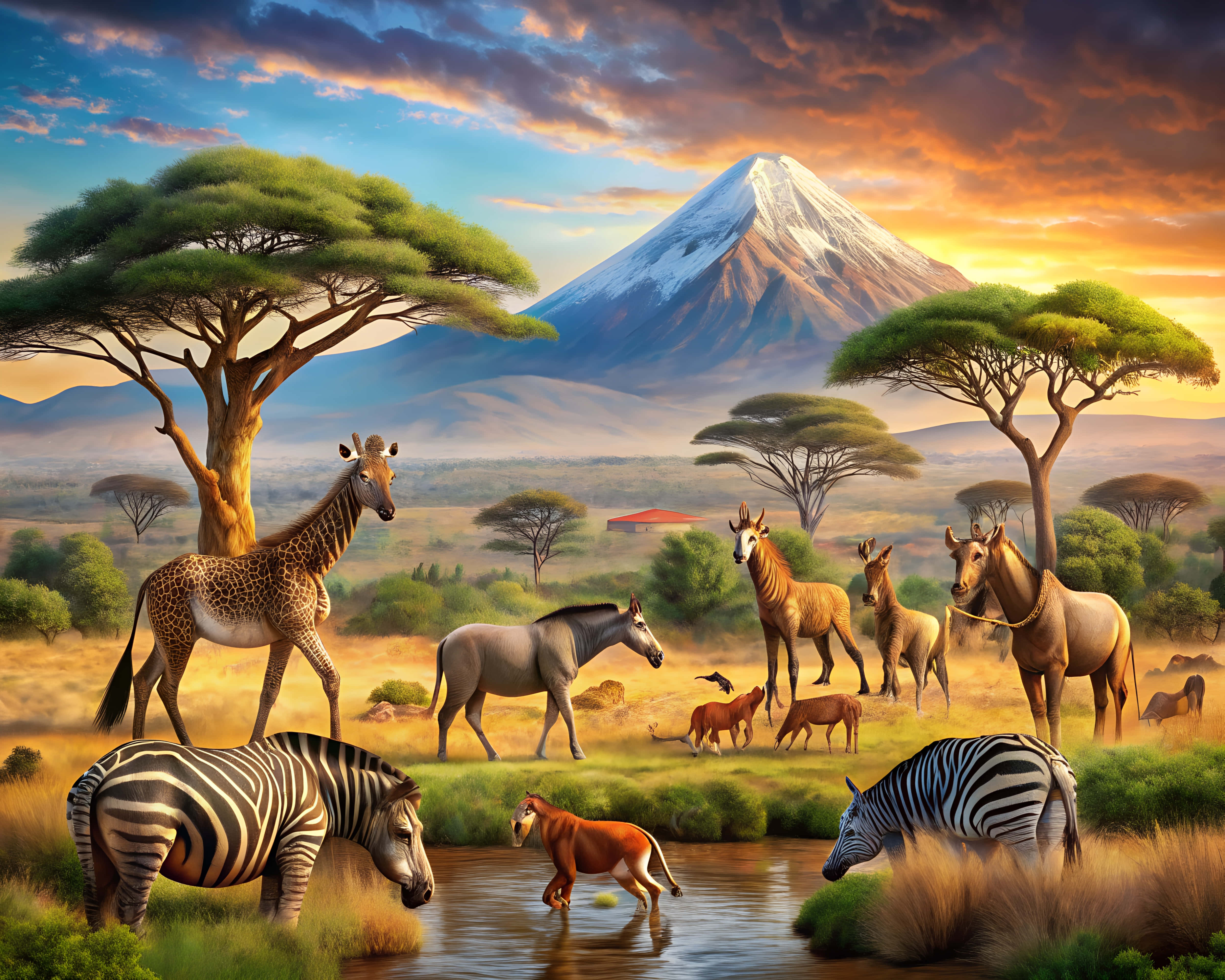 African savanna, sunset, watering hole, 4K Desktop Wallpaper