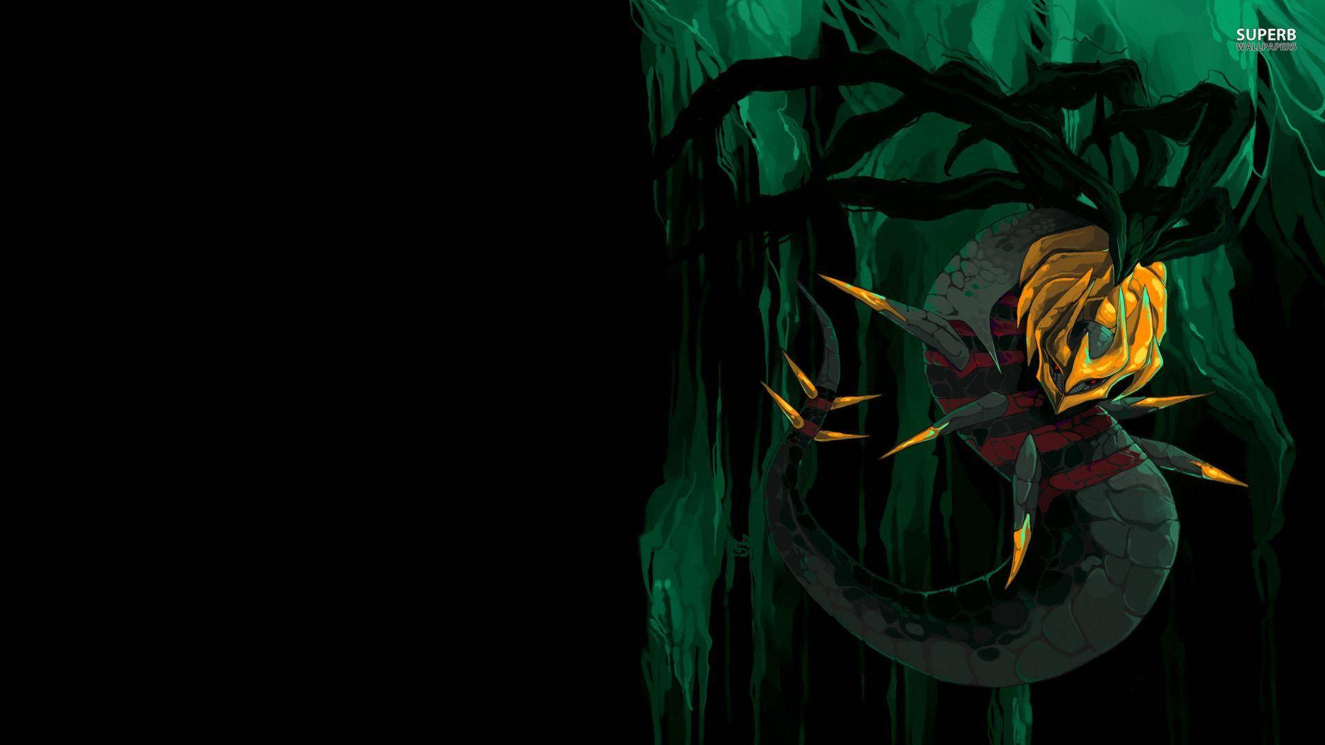 Giratina, green and black cave, glowing yellow eyes, Full HD Desktop Wallpaper