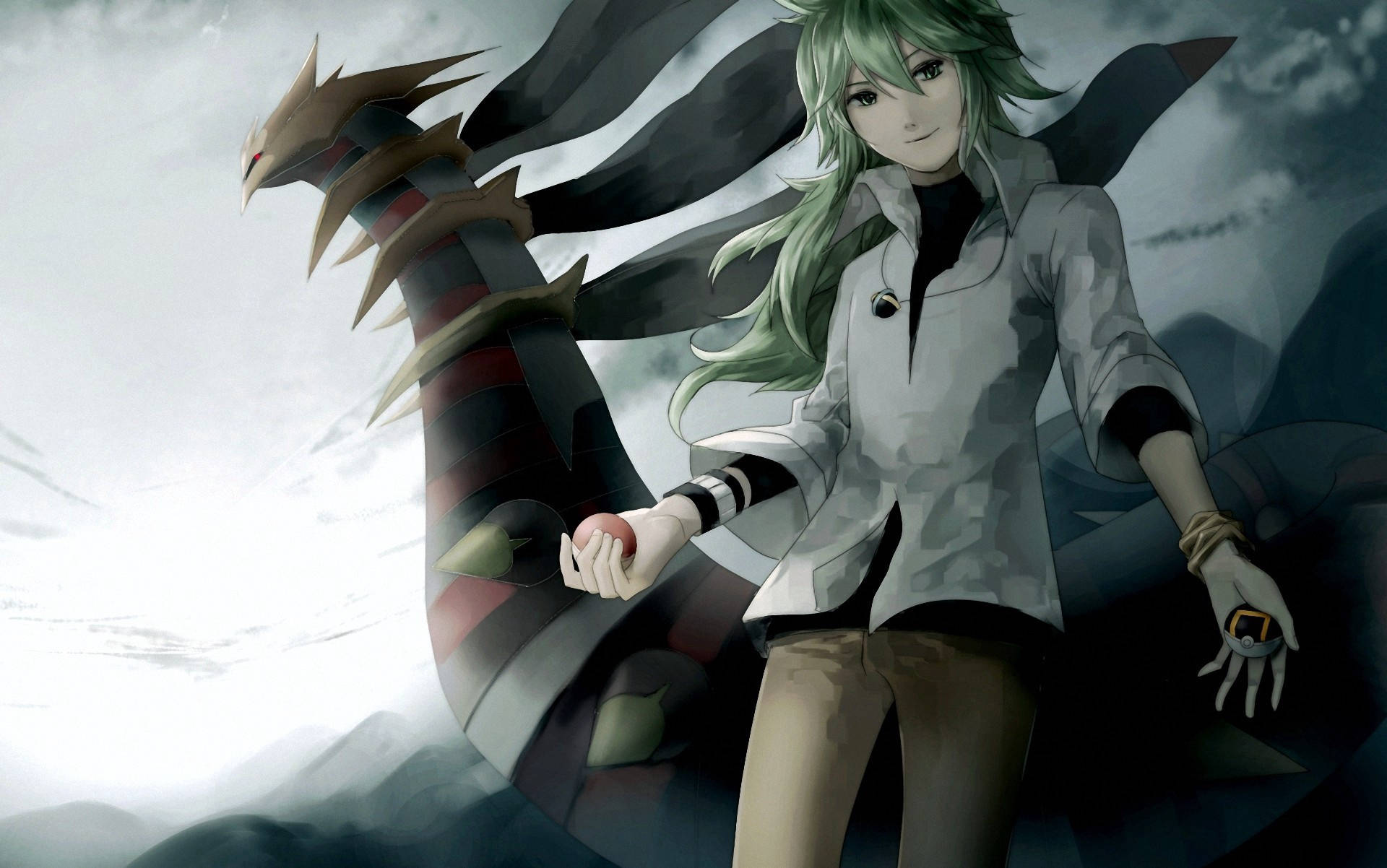 Giratina, green-haired anime girl, white coat, Full HD Desktop Wallpaper