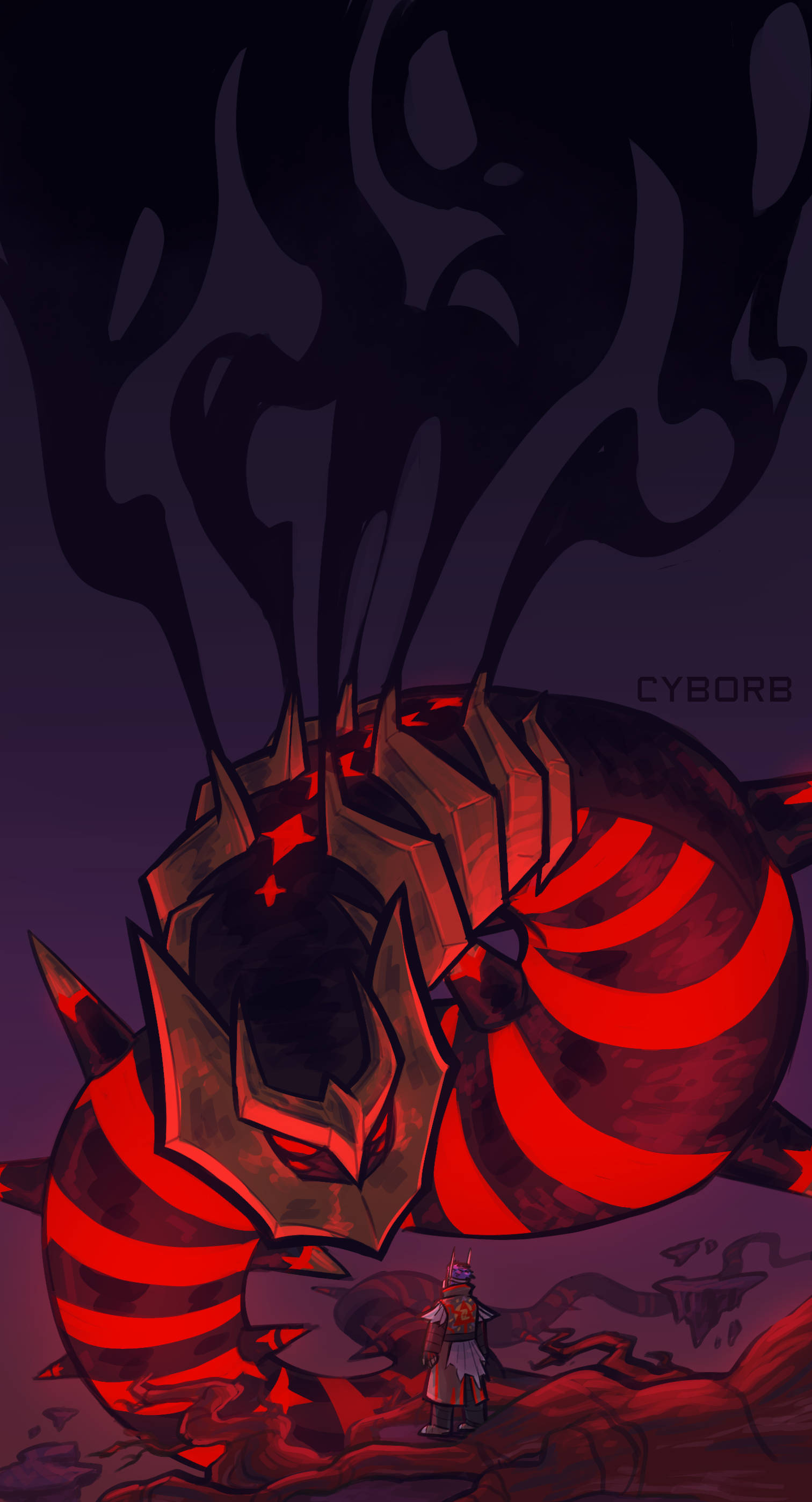 Red Giratina, colossal red and black striped dragon, smoke rising from its head, 2K Phone Wallpaper