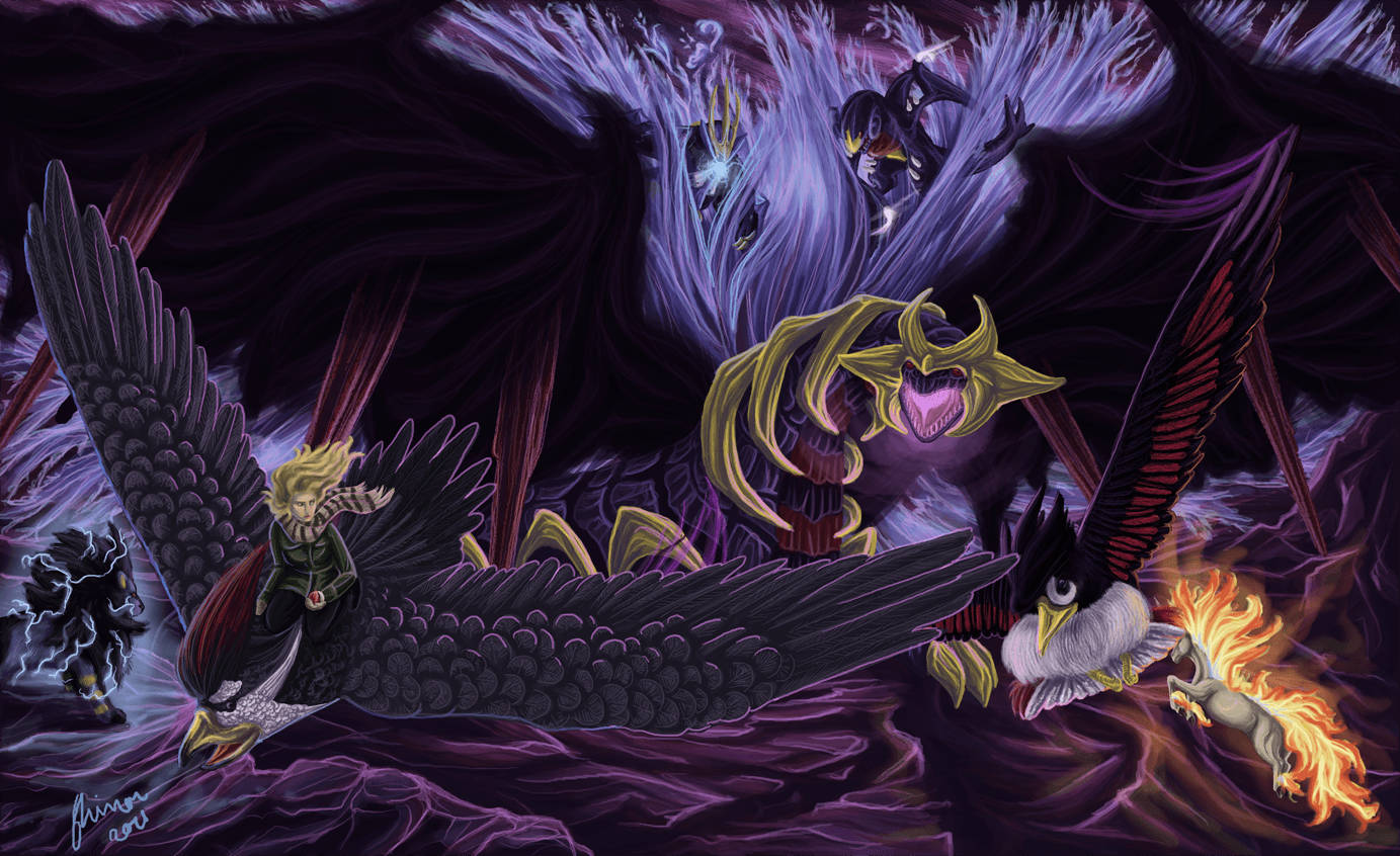 Giratina, purple wave, golden horned demon, HD Desktop Wallpaper
