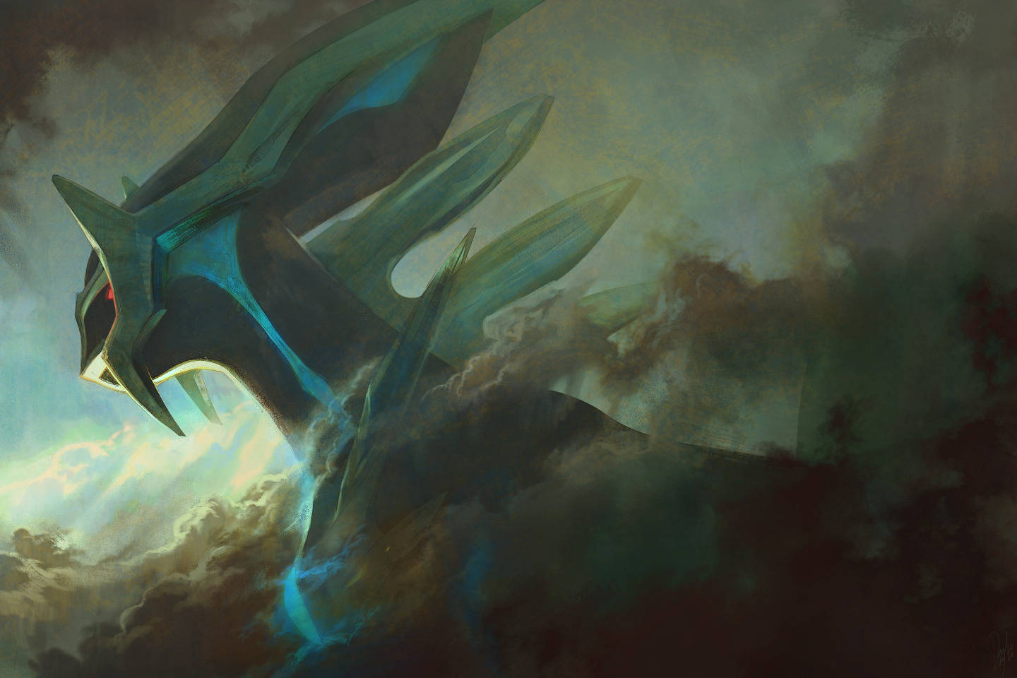 Giratina, blue and black dragon, glowing red eyes, HD Desktop Wallpaper