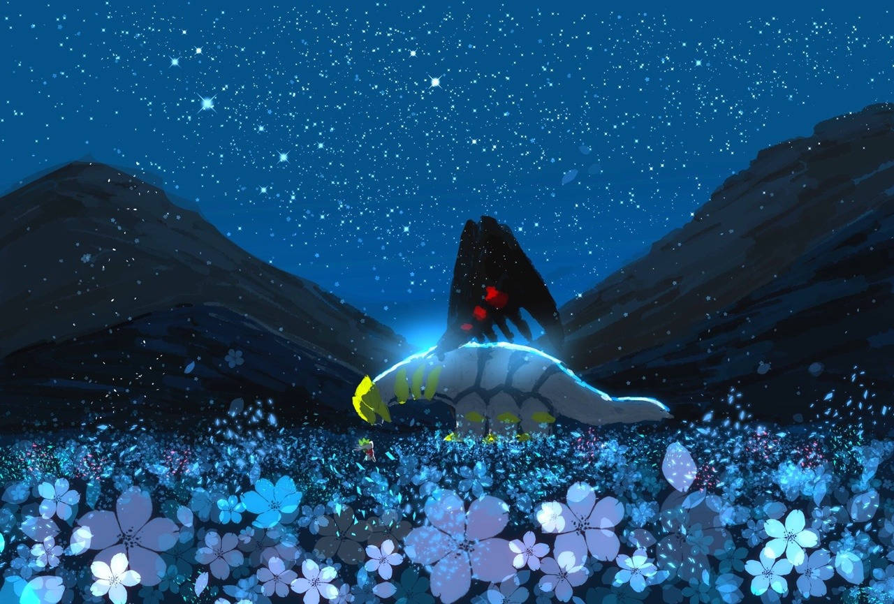 Giratina, starry night, luminous flowers, HD Desktop Wallpaper