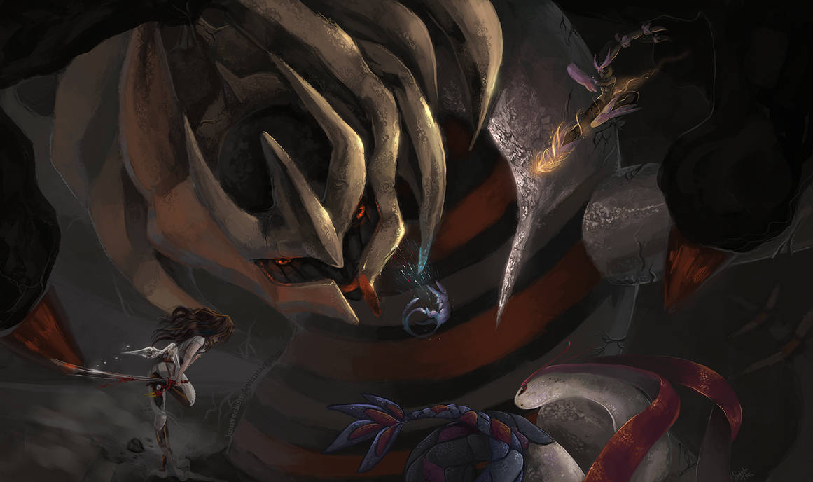 Giratina, glowing red eyes, jagged horns, SD Desktop Wallpaper